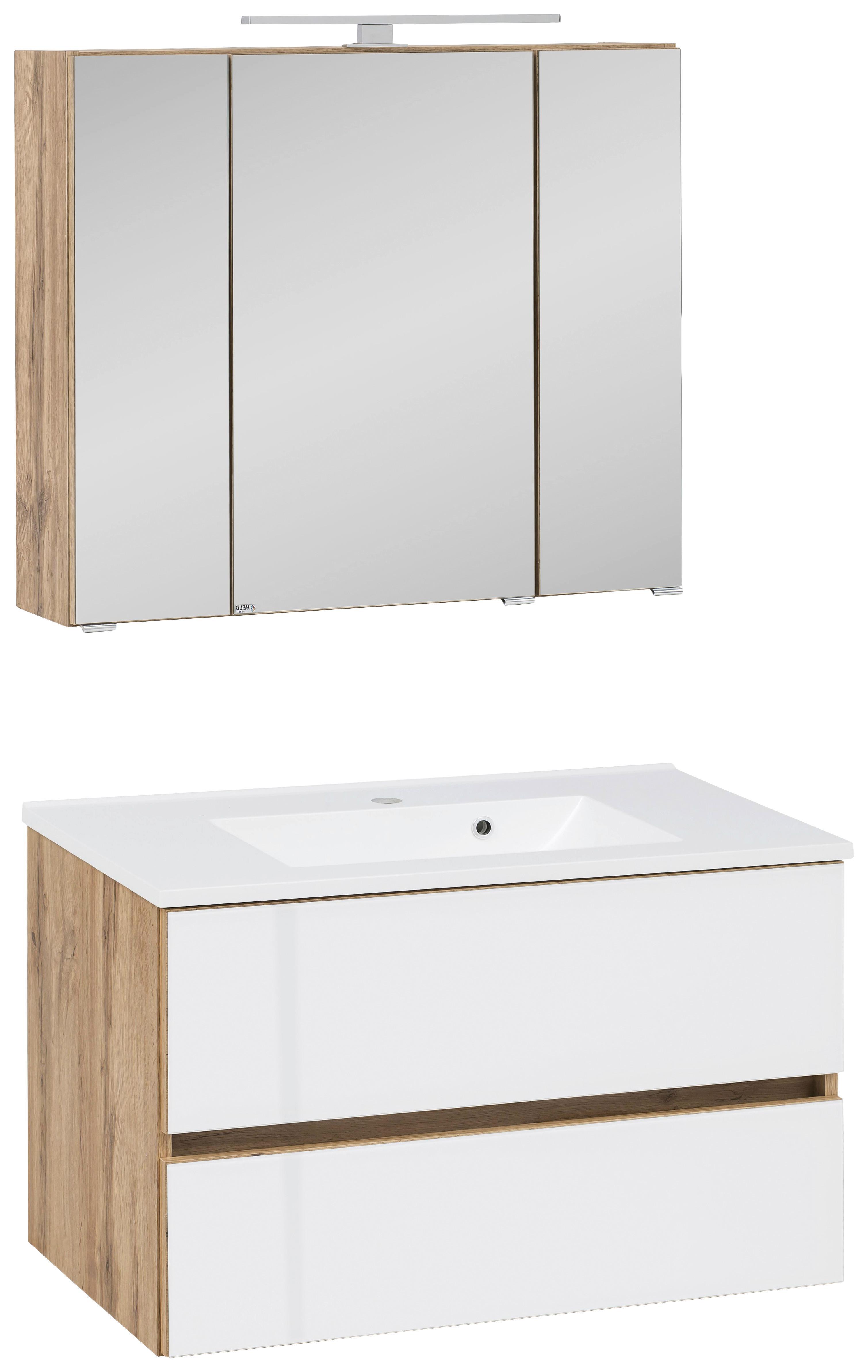 Badezimmer ''Helsinki'', Weiß/Eichefarben - Eichefarben/Weiß, KONVENTIONELL, Glas/Holzwerkstoff (80cm) - Held
