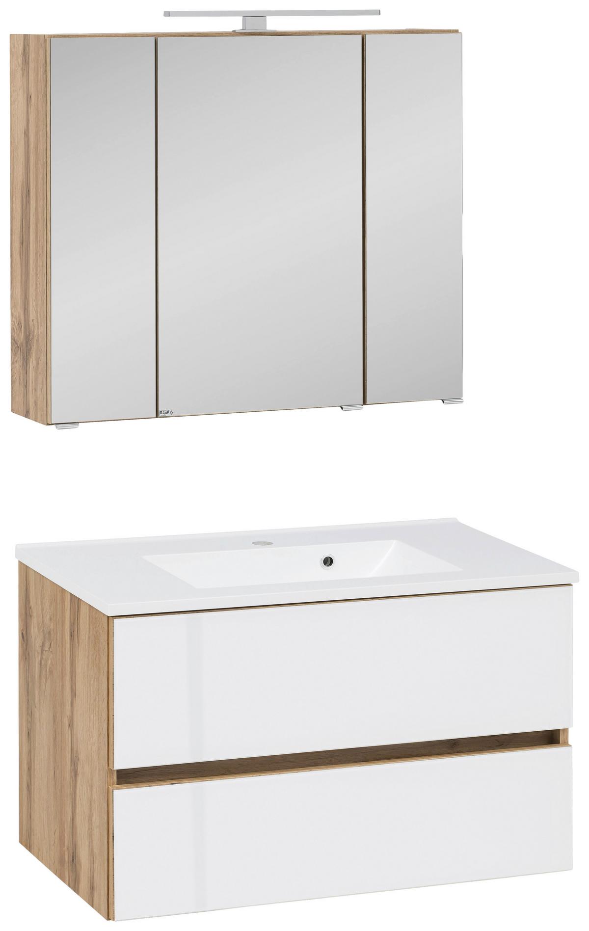 Badezimmer ''Helsinki'', Weiß/Eichefarben - Eichefarben/Weiß, KONVENTIONELL, Glas/Holzwerkstoff (80cm) - Held