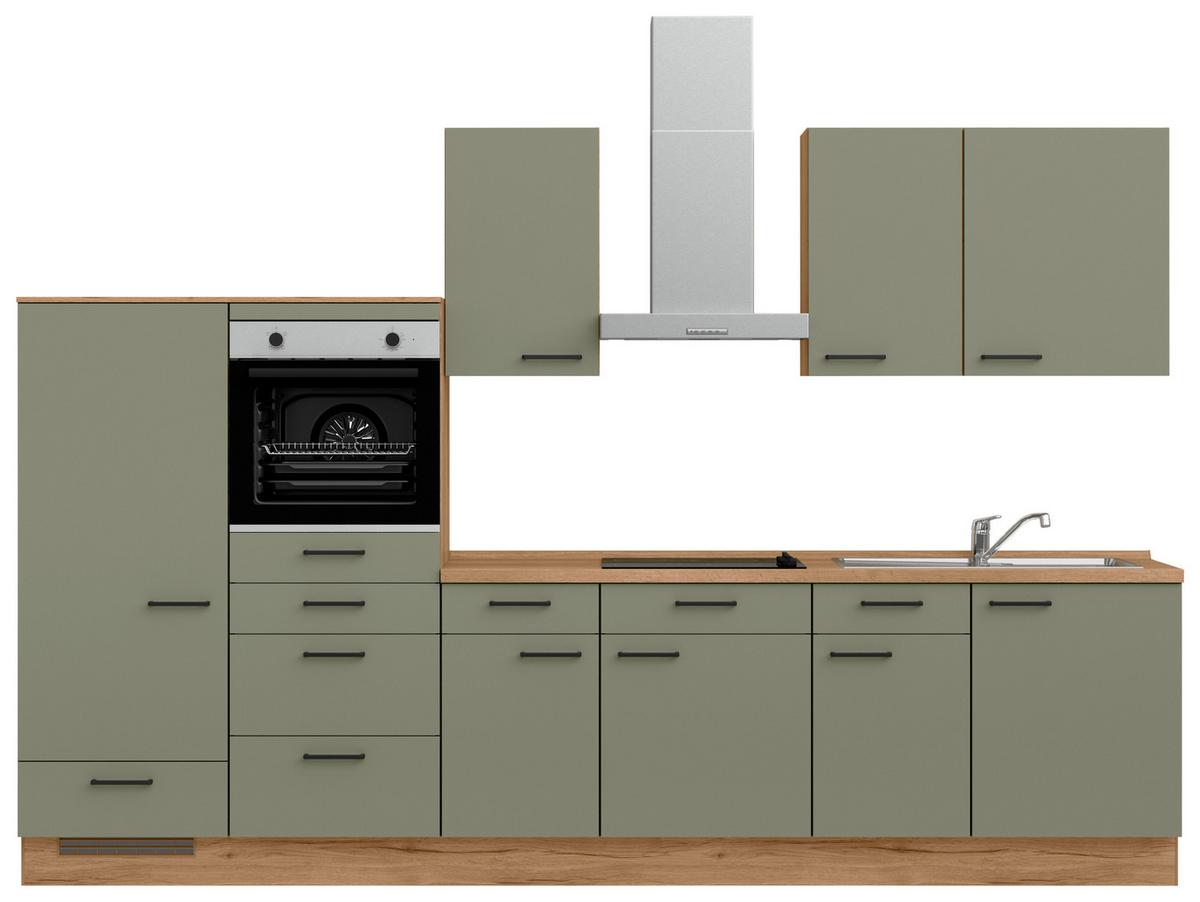 Küchenleerblock Senso Low o. Geräte Olivgrün - Eichefarben/Schwarz, MODERN, Holzwerkstoff/Metall (330cm) - Nobilia