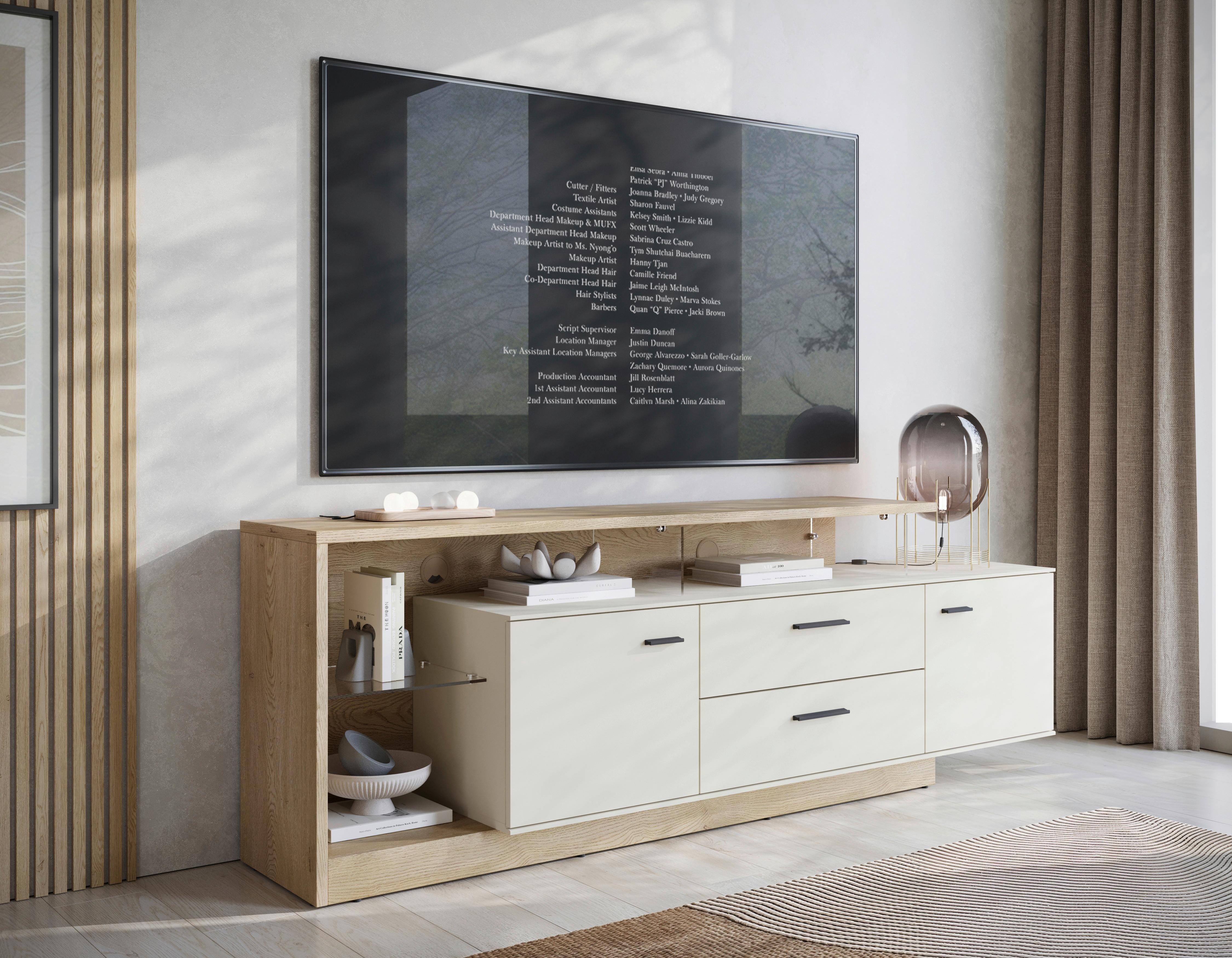 Comodă TV MEOLO - cașmir/culoare lemn stejar, Modern, sticlă/material pe bază de lemn (191,5/65,5/40cm) - Modern Living