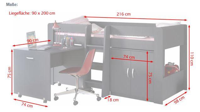 Galériaágy Íróasztallal Funky - fehér/szürke, Modern, faalapú anyag (116/110/216cm)