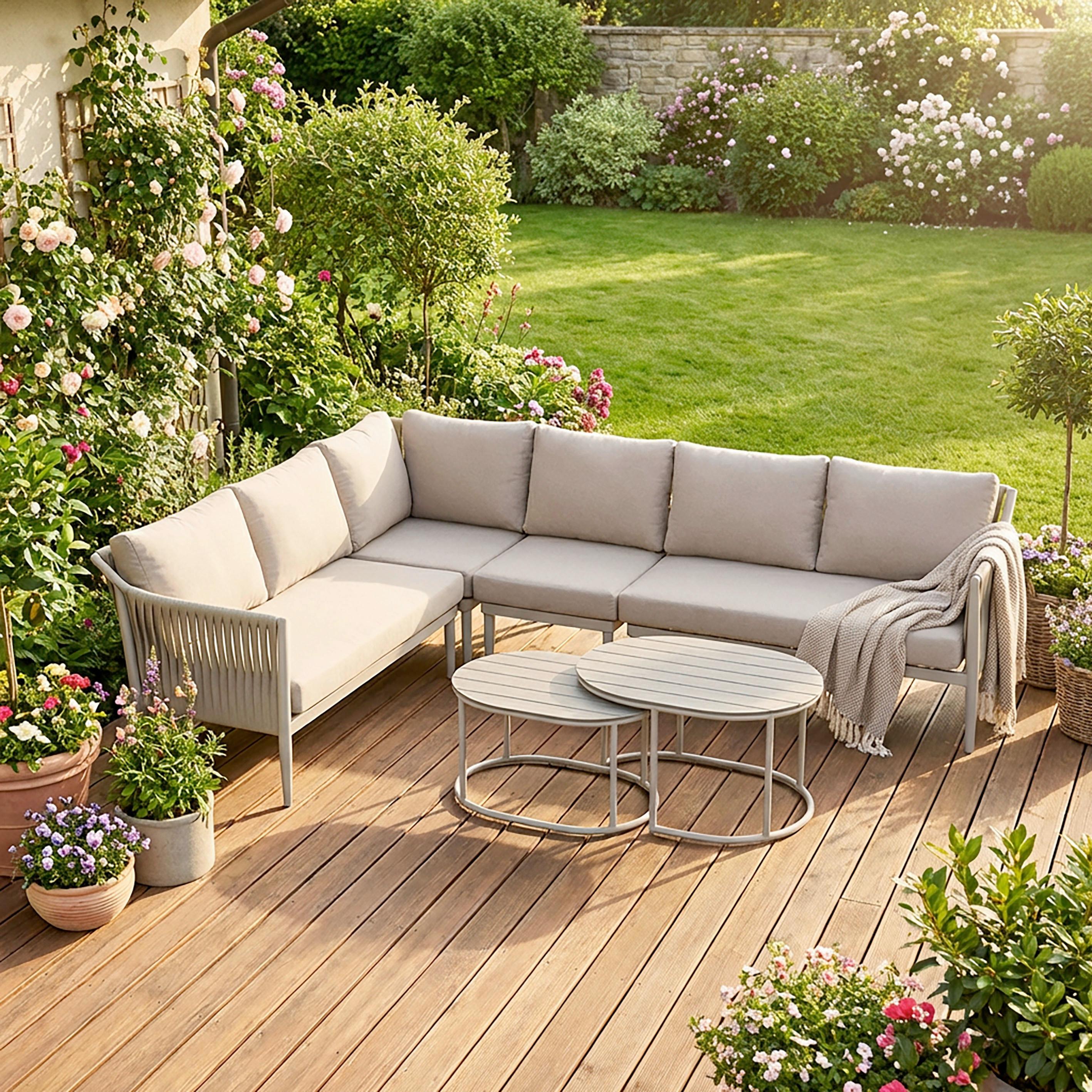 Loungegarnitur Alvina Outdoorstoff/Metall +Abdeckung - Creme, MODERN, Kunststoff/Textil (259/74/199cm) - Bessagi Garden