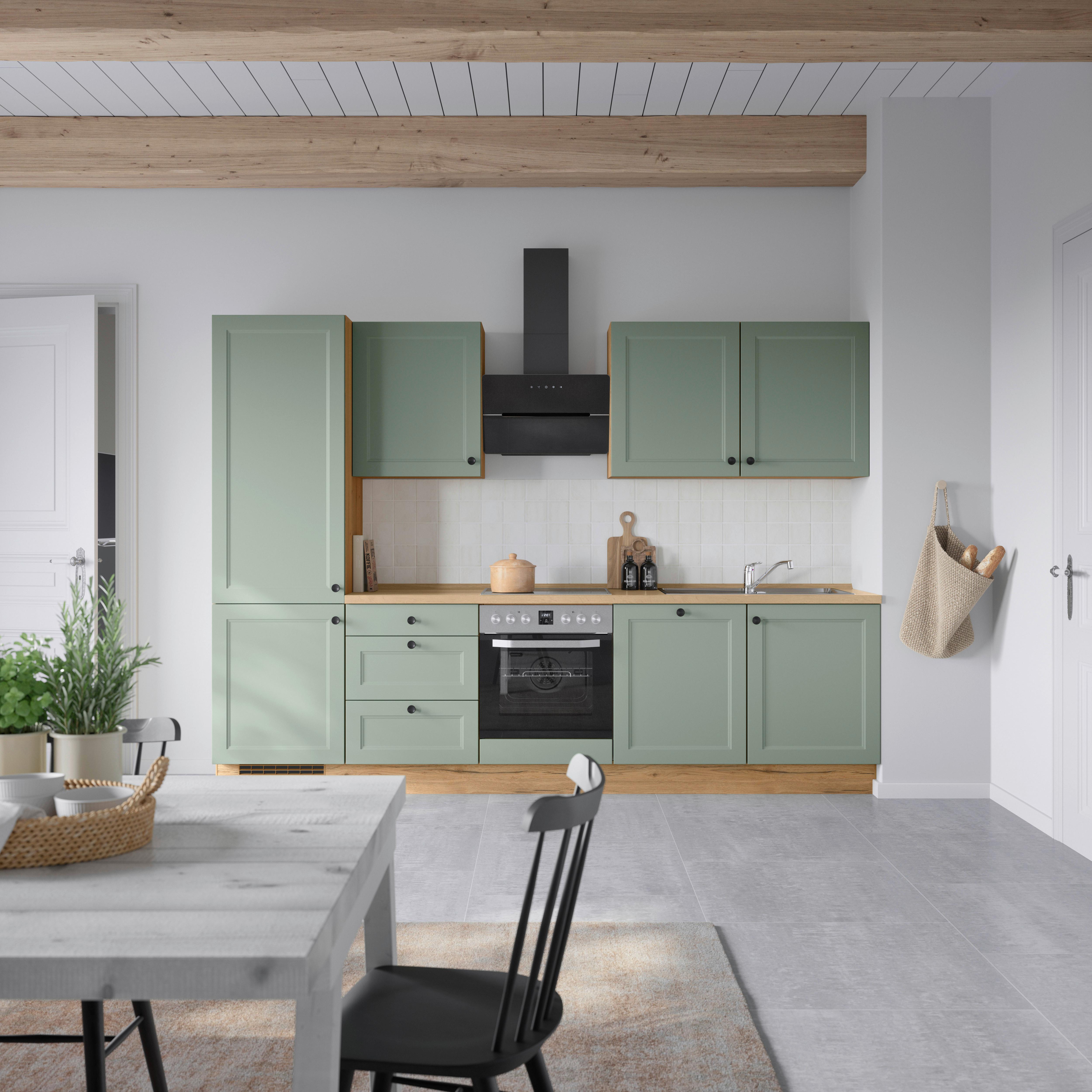 Küchenblock Cascada High m. Geräten Schilfgrün - Schilfgrün/Eichefarben, MODERN, Holzwerkstoff/Metall (300cm) - Nobilia