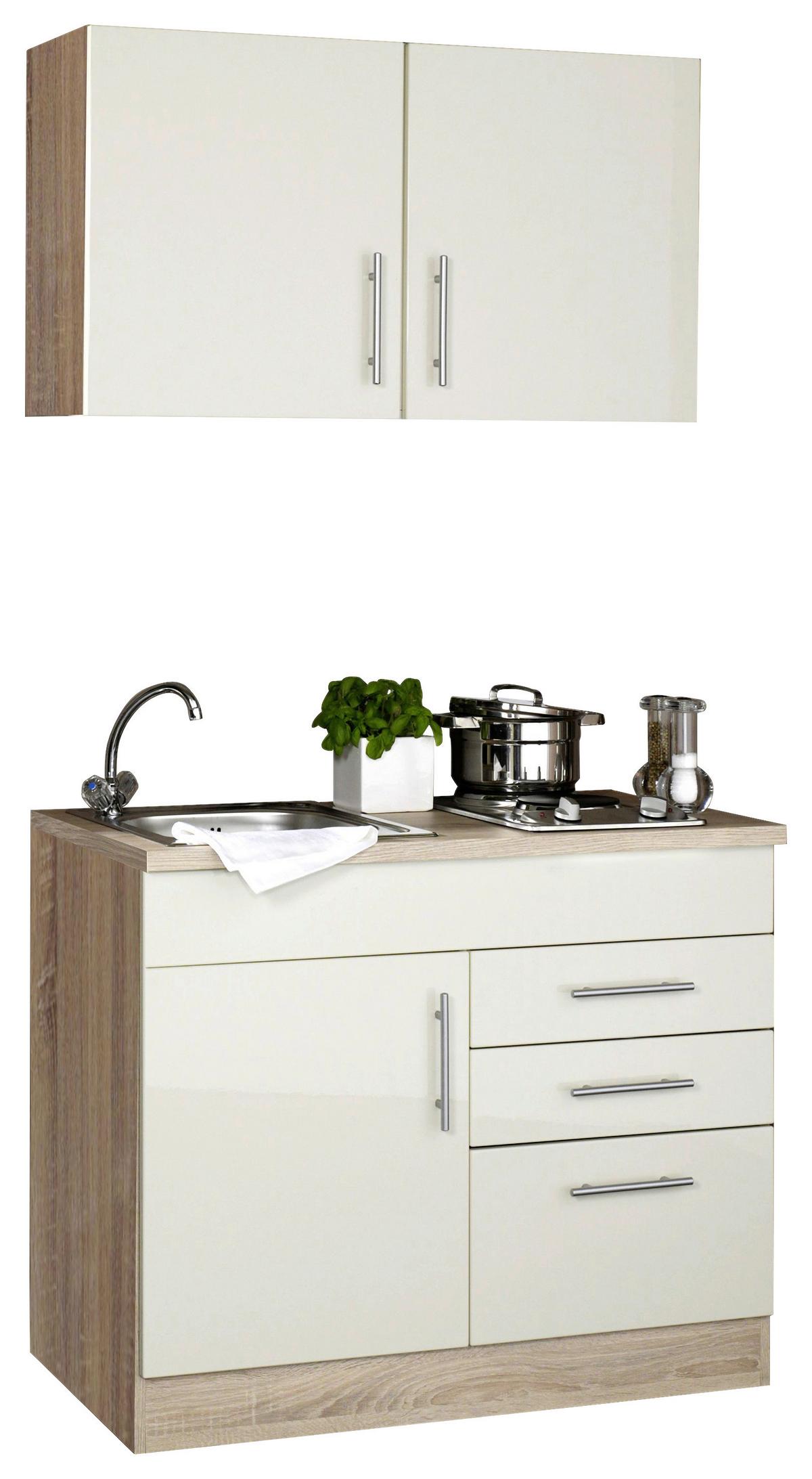 Miniküche Toronto B: ca. 100cm Creme/Eichefarben - Chromfarben/Eichefarben, MODERN, Holzwerkstoff/Metall (100cm) - Held