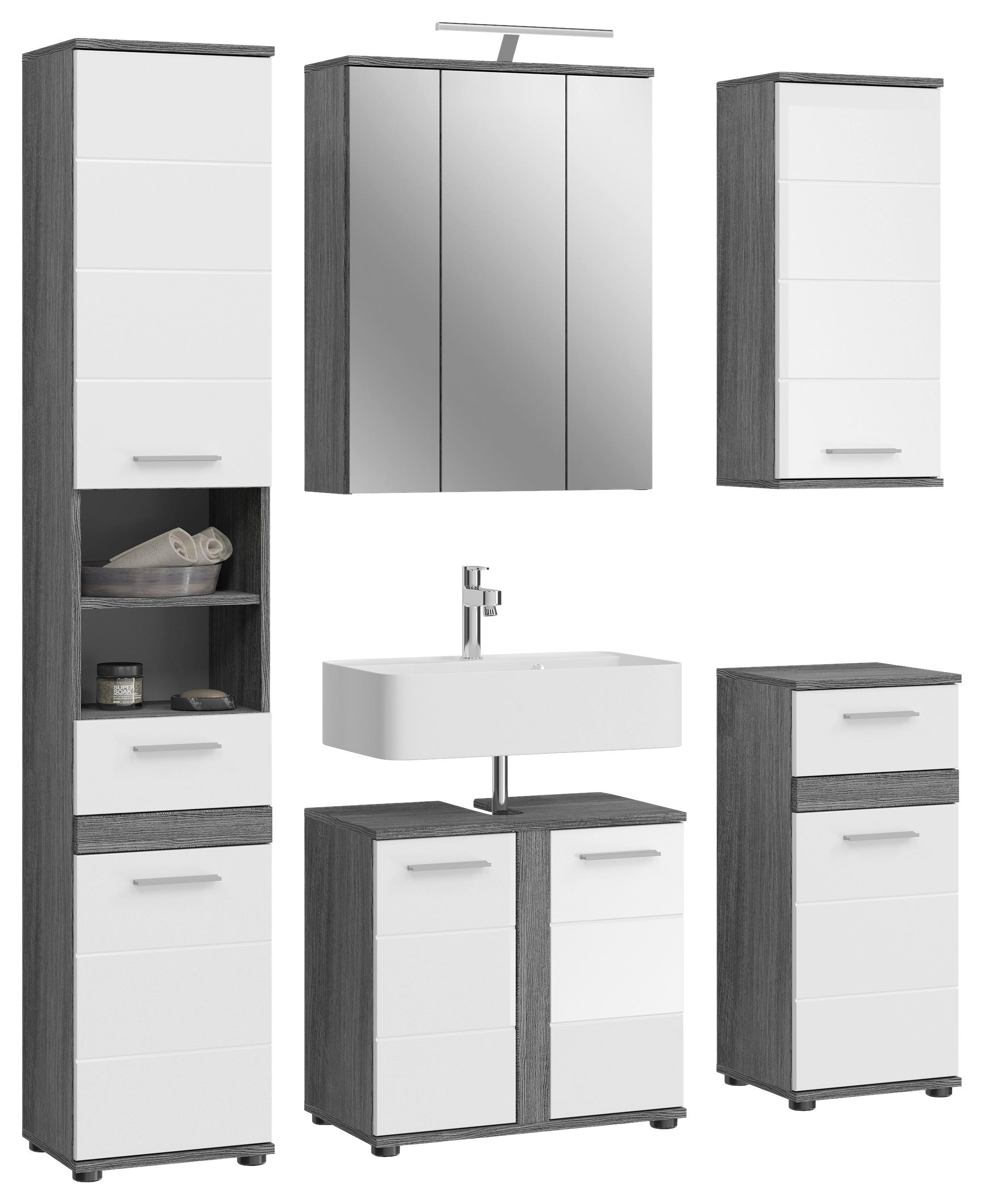 Badezimmer-Set BLAKE 5-teilig, Weiß Hochglanz - Weiß Hochglanz/Silberfarben, MODERN, Glas/Holzwerkstoff (150cm) - MID.YOU