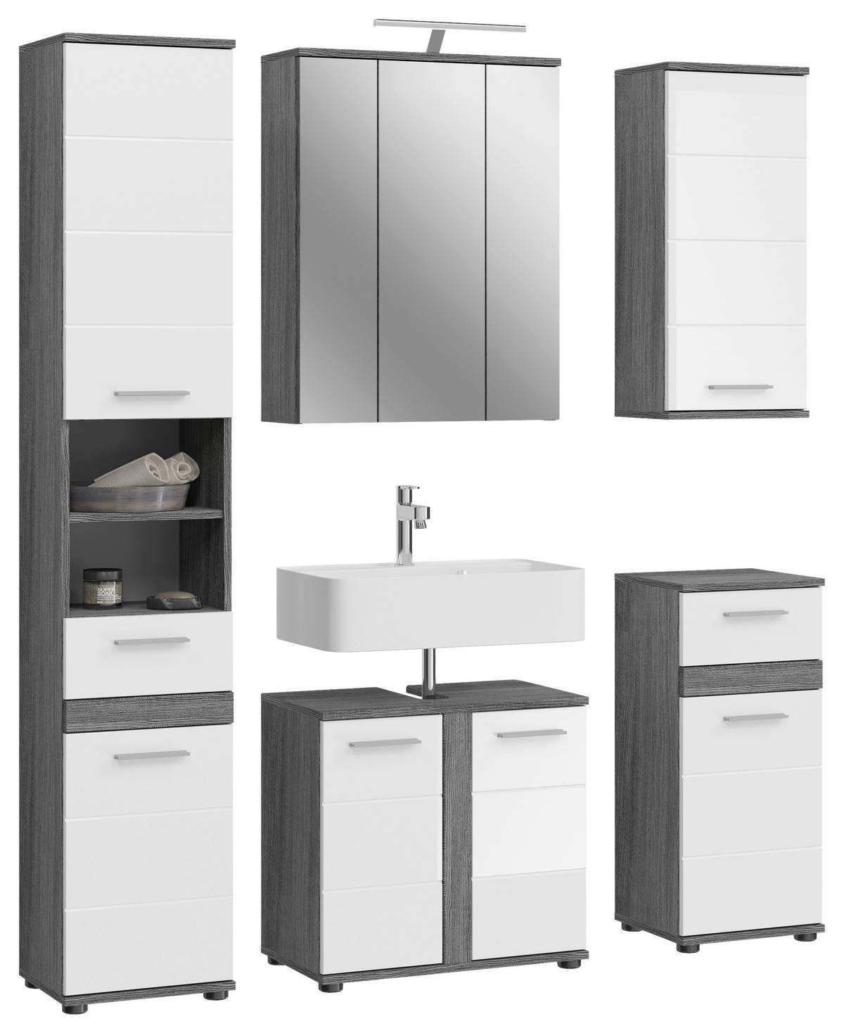 Badezimmer-Set BLAKE 5-teilig, Weiß Hochglanz - Weiß Hochglanz/Silberfarben, MODERN, Glas/Holzwerkstoff (150cm) - MID.YOU