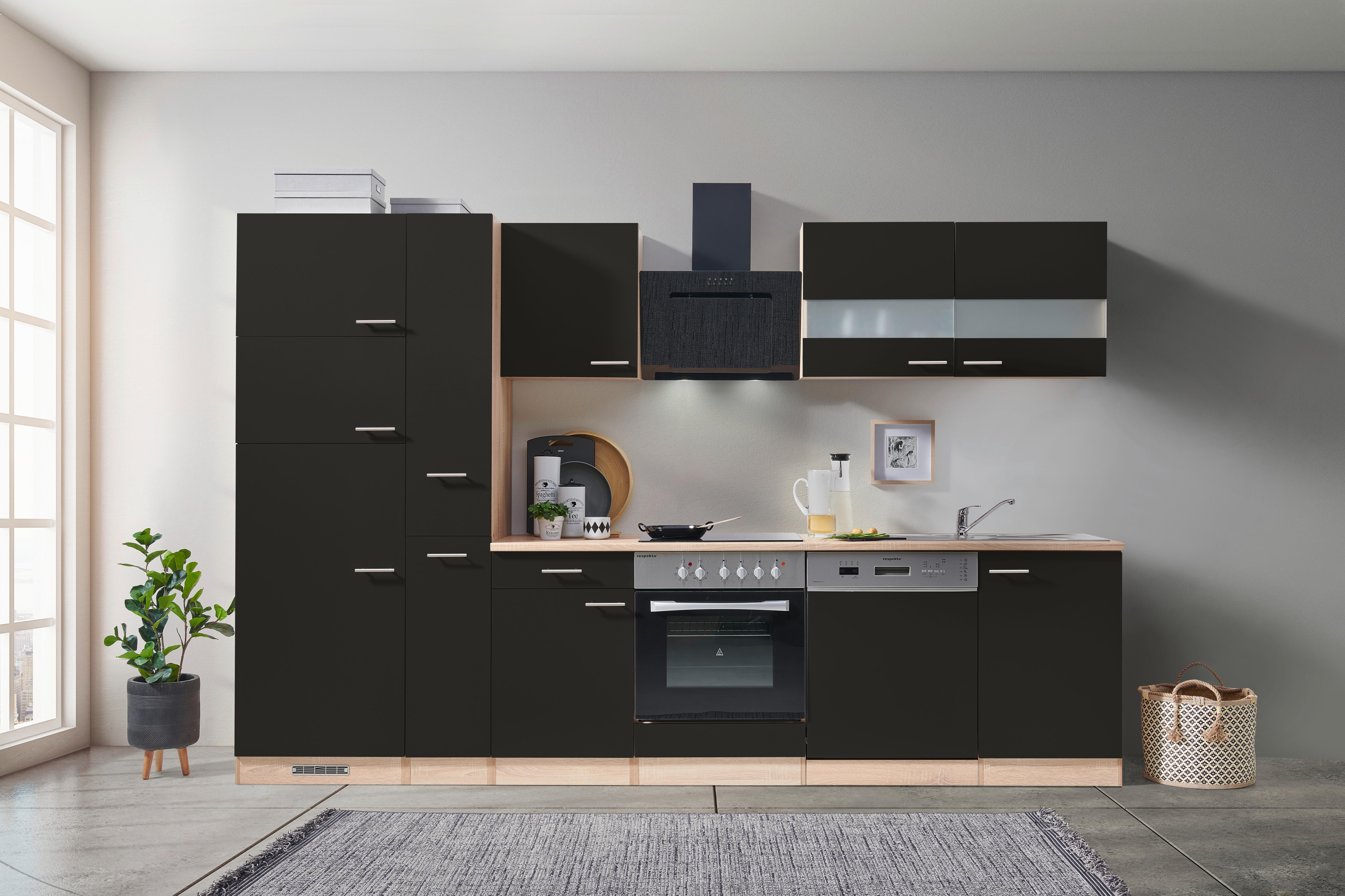 Küchenblock ECONOMY m. Geräten ca. 310 cm Schwarz/Eiche - Eichefarben/Schwarz, Basics, Holzwerkstoff (310cm) - Respekta