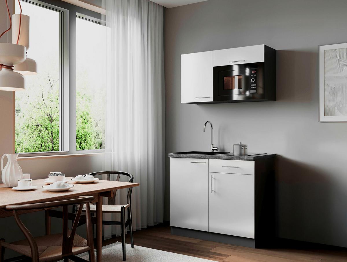 Miniküche Oliver m. Geräten ca. 100cm Weiß - Weiß/Grau, Trend, Holzwerkstoff/Metall (100cm) - Respekta
