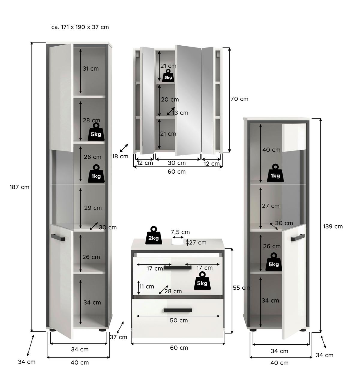 Badezimmer Kojak 4-tlg. Weiß/Anthrazit - Weiß Hochglanz/Schwarz, MODERN, Holzwerkstoff/Kunststoff (140cm) - MID.YOU