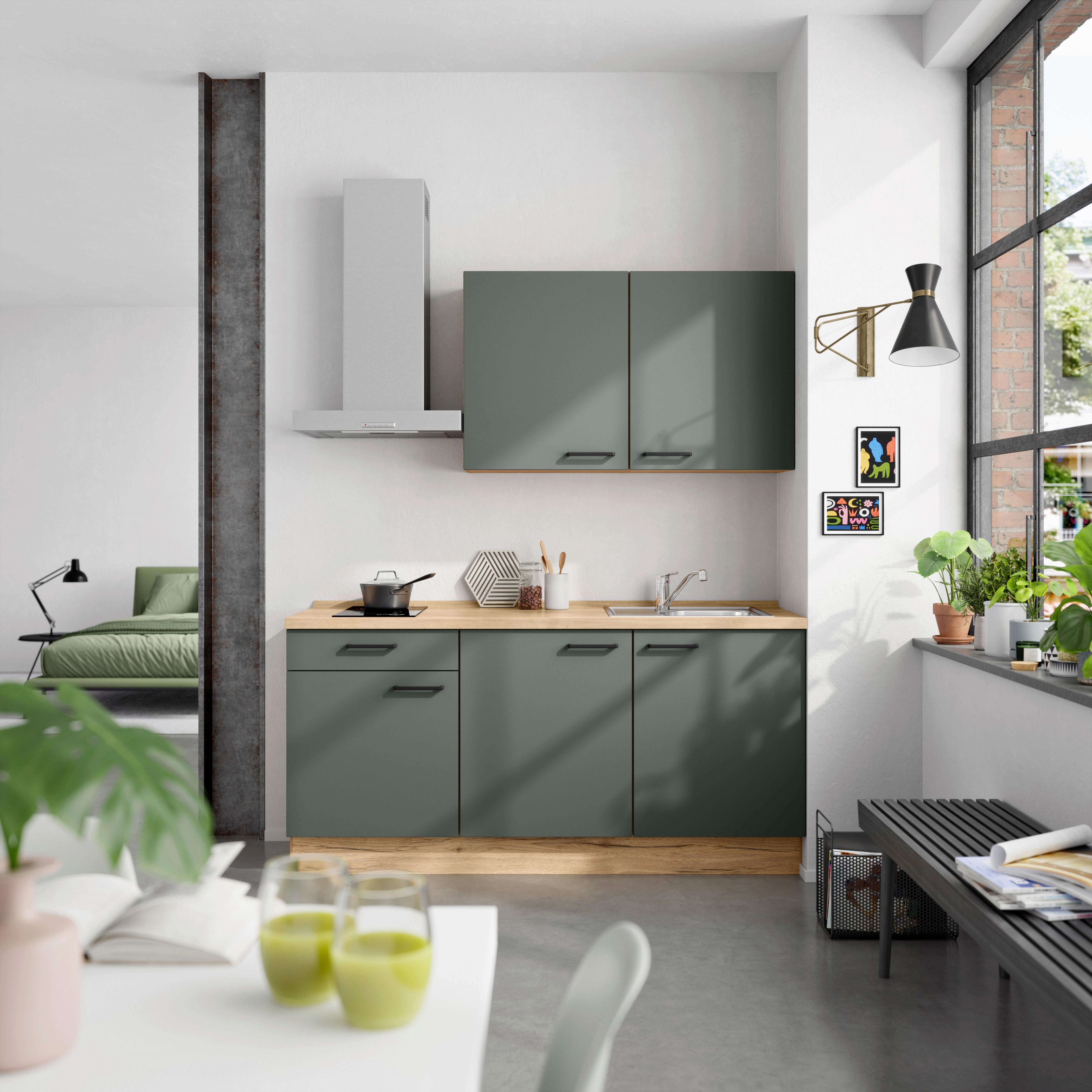 Küchenblock Easytouch Low m. Geräten Dunkelgrün - Dunkelgrün/Eichefarben, MODERN, Holzwerkstoff/Metall (180cm) - Nobilia