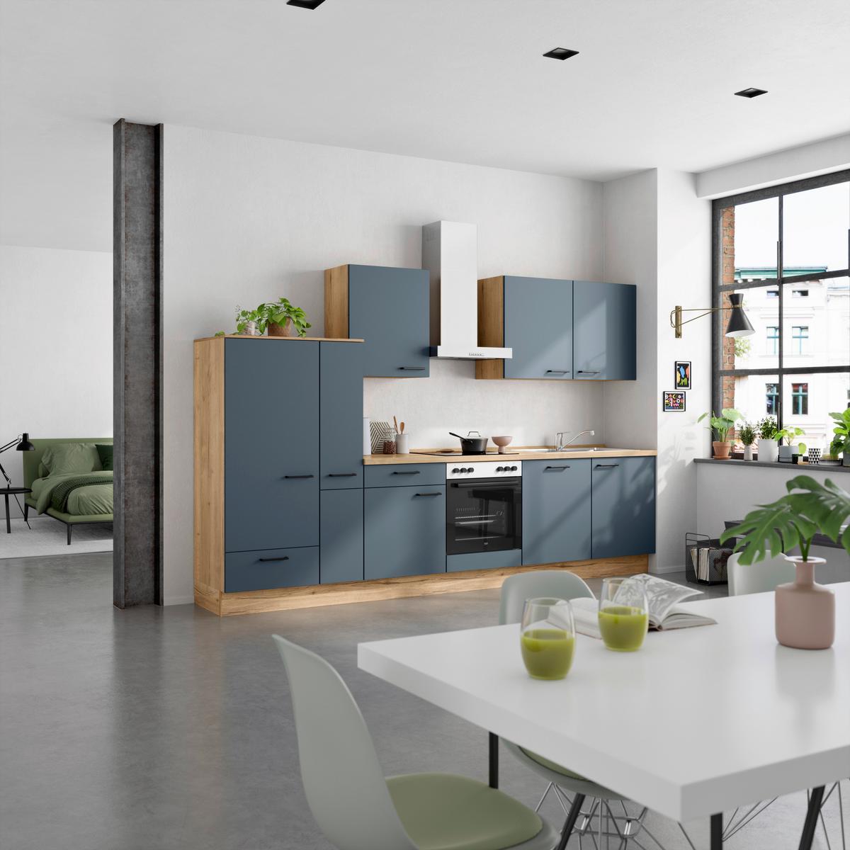 Küchenblock Easytouch Low m. Geräten Dunkelblau - Eichefarben/Schwarz, MODERN, Holzwerkstoff/Metall (330cm) - Nobilia