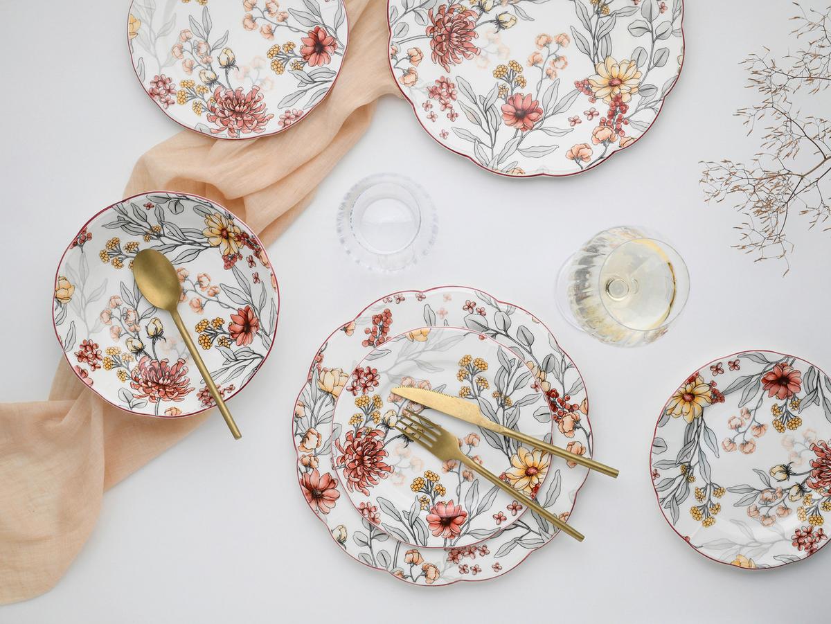 Jedilni Servis Fiore, 12-Delni - bela/bordo, Basics, keramika - Creatable