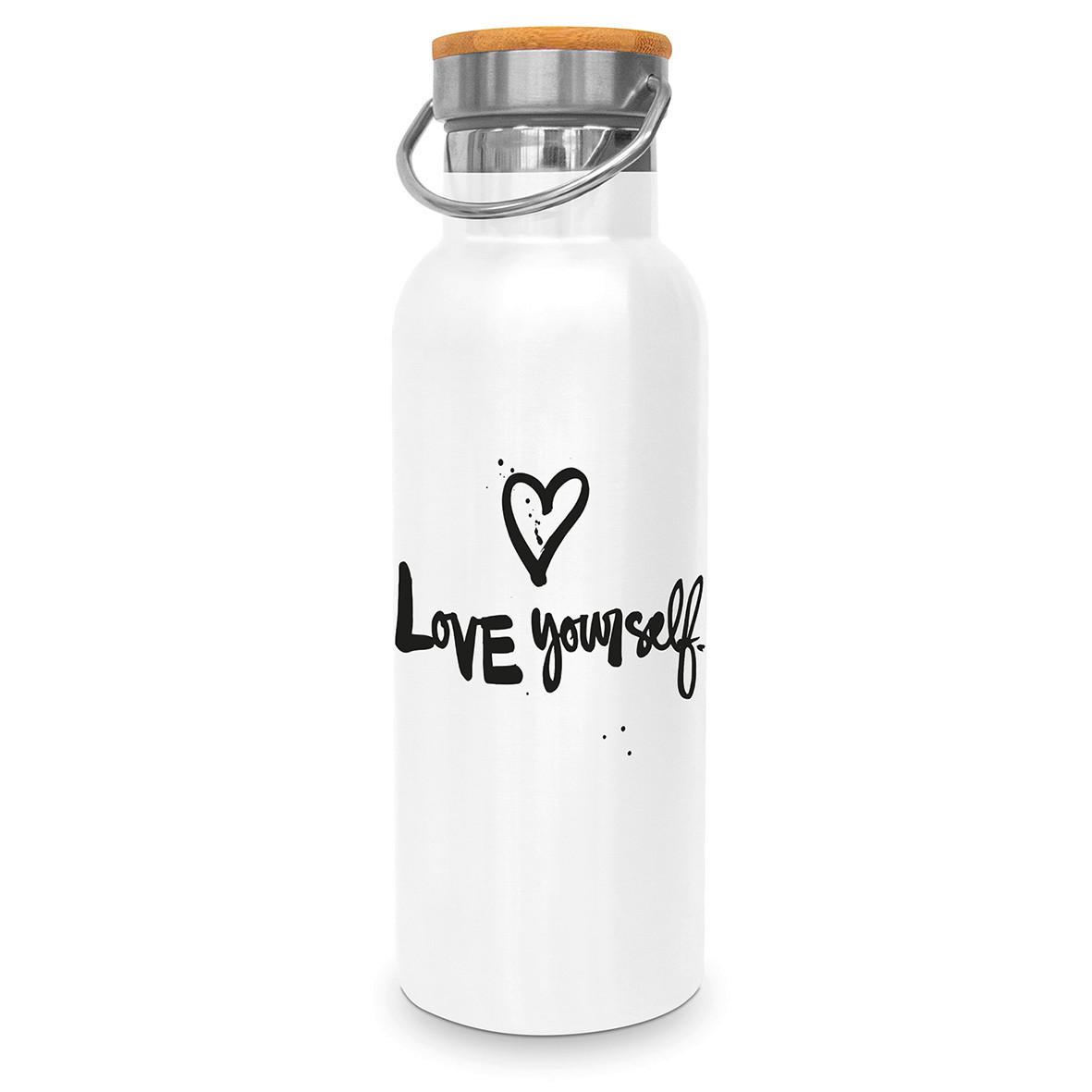 Thermosflasche Love yourself ca. 500ml - Schwarz/Weiß, Metall (22,5cm)