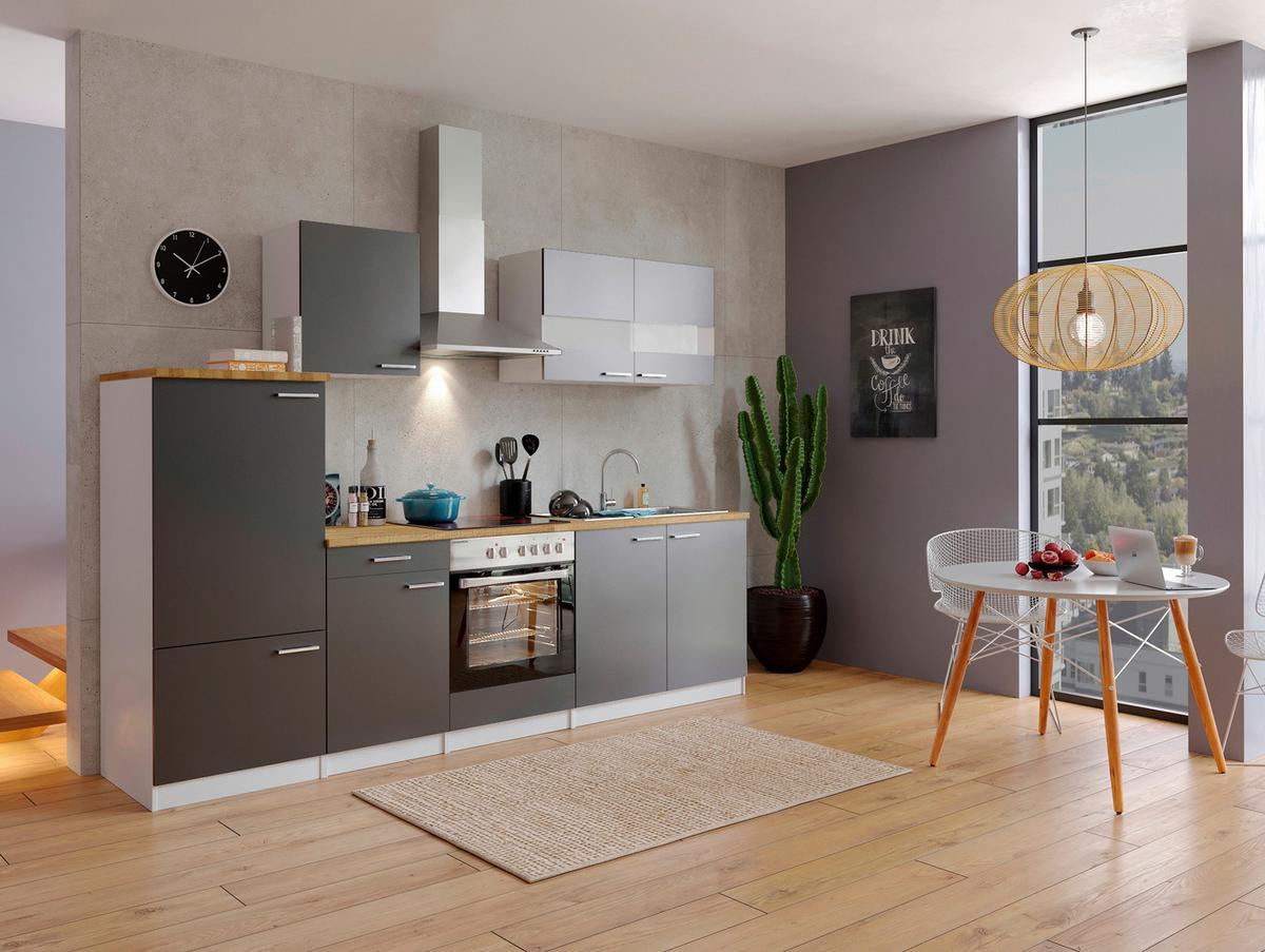 Küchenzeile ohne Geräte B: 270 cm Grau/Weiß/Nussbaum Dekor - Edelstahlfarben/Nussbaumfarben, Basics, Holzwerkstoff/Metall (270/200/60cm) - Respekta