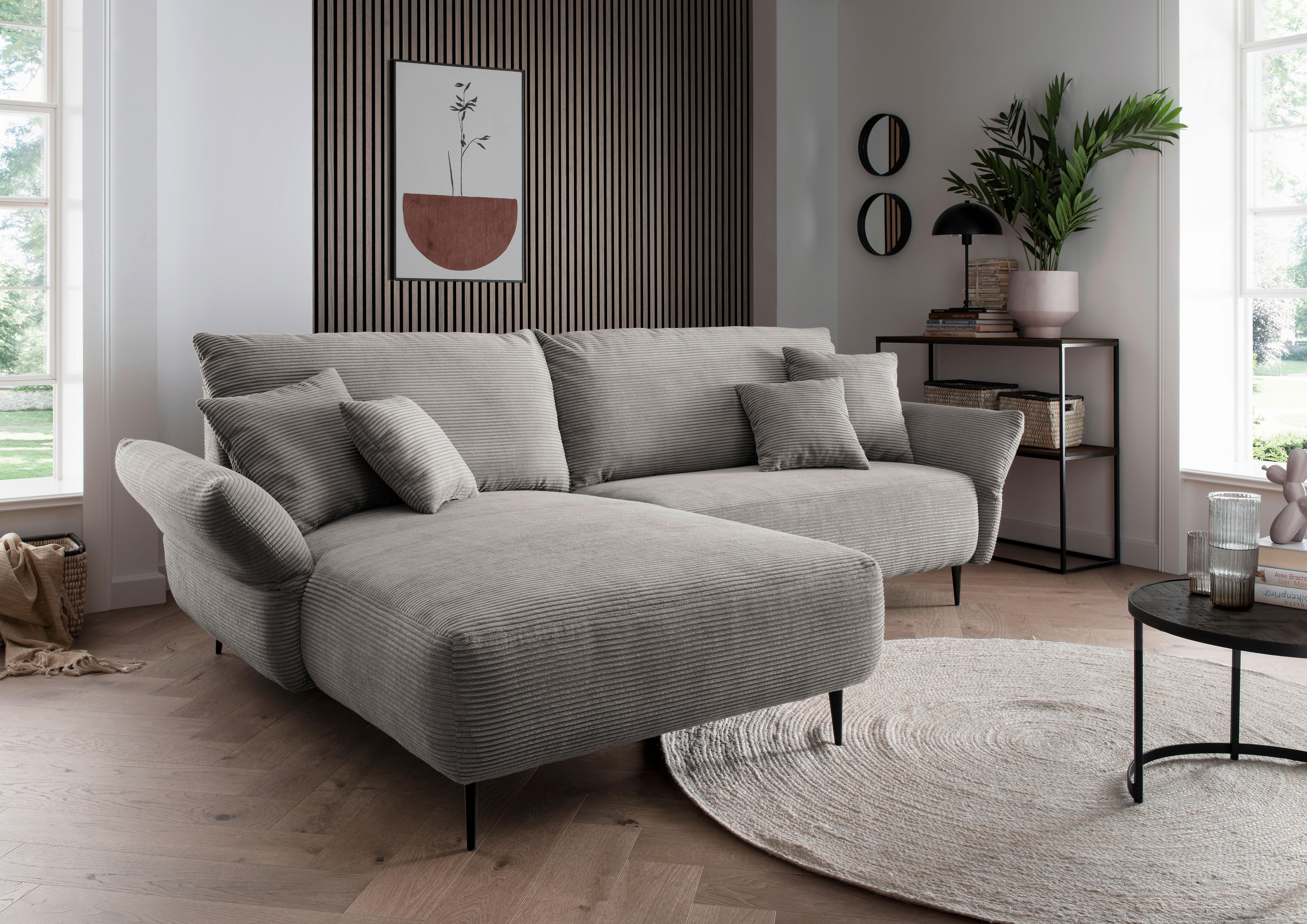 Wohnlandschaft Vanilla Graubraun Cord - Graubraun/Schwarz, Design, Textil/Metall (178/264-302cm) - Livetastic