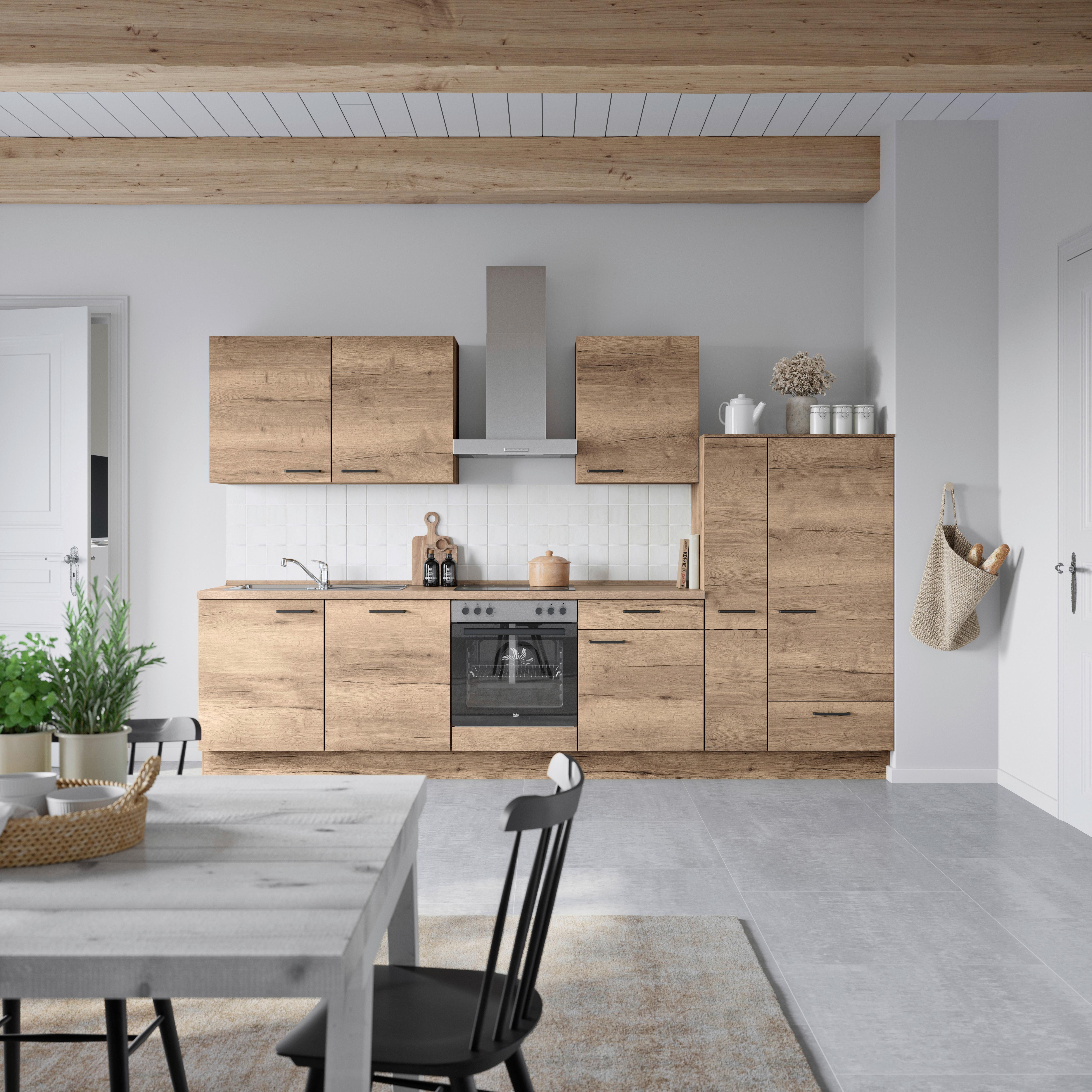 Küchenblock Structura Low m. Geräten Eiche dunkel - Eiche dunkel/Eichefarben, MODERN, Holzwerkstoff/Metall (330cm) - Nobilia