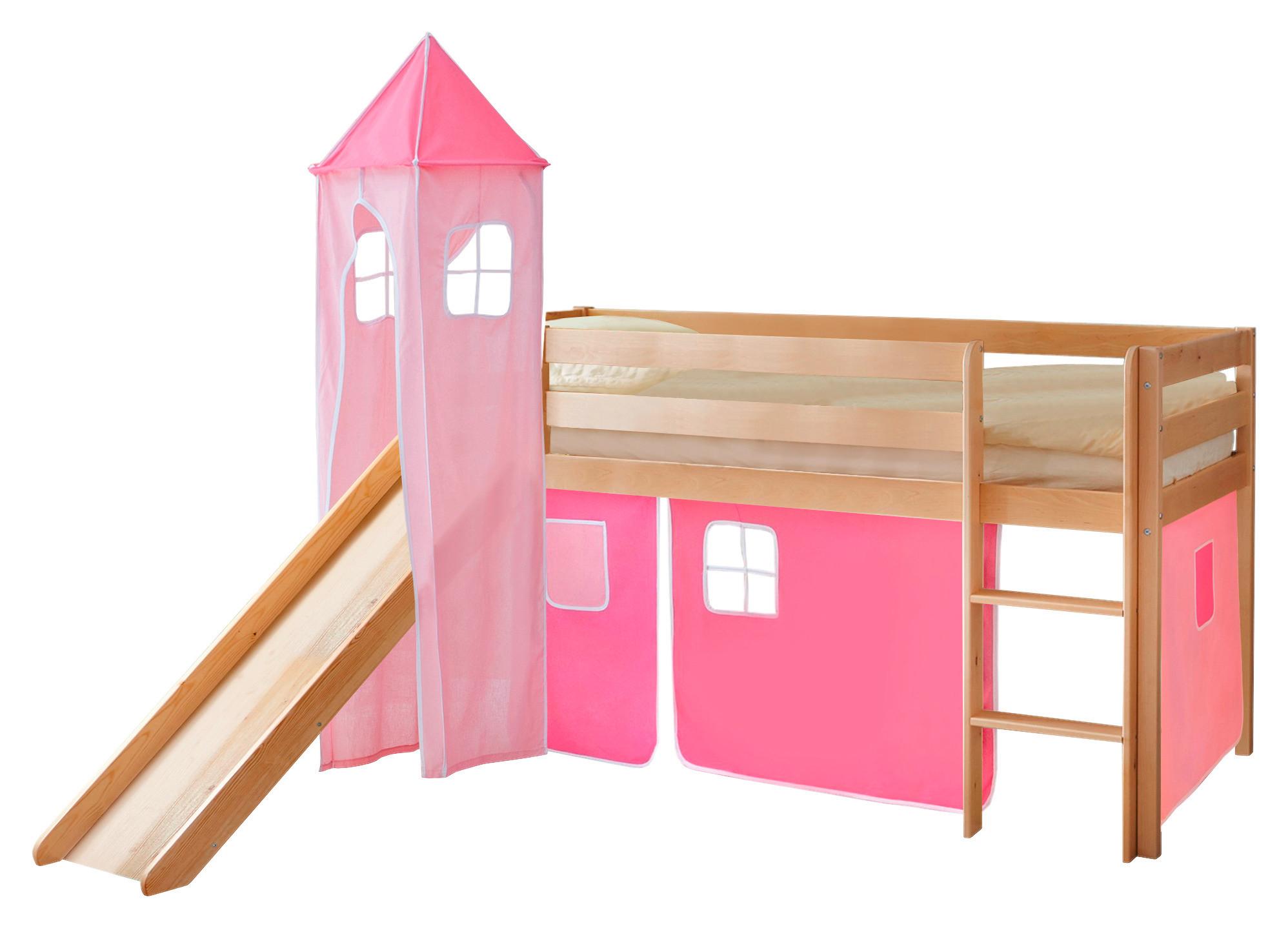 Igralna Postelja Kasper, 90x200, Roza, Tobogan, Stolp - roza/barve bora, Natur, les (90/200cm) - MID.YOU