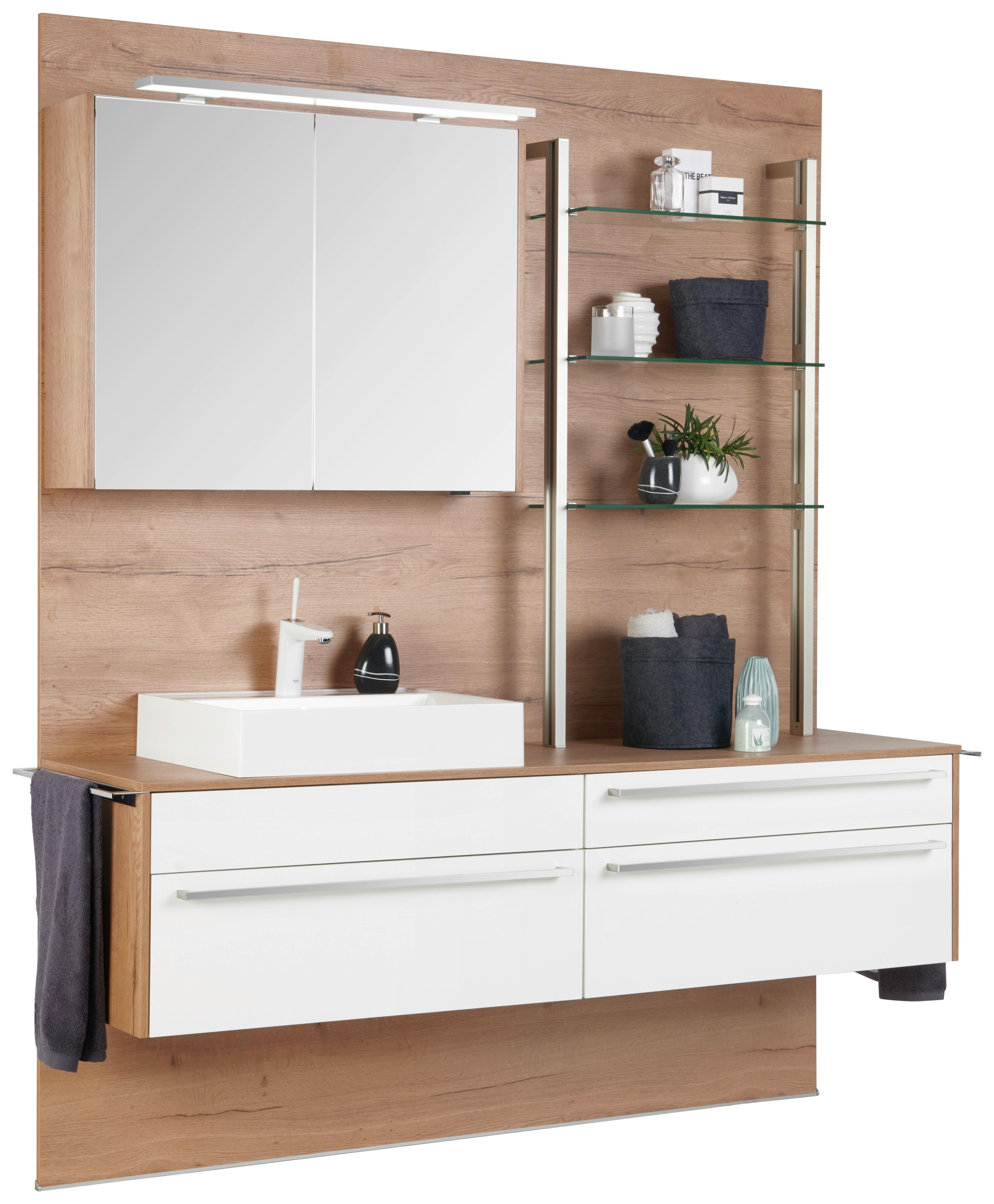 Mobilier de baie la comanda Lars - alb/culoare lemn stejar, Modern, sticlă/piatră (197,8cm) - Celina Home