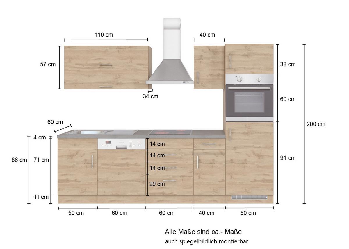 Küchenblock Sorrento mit Geräten ca. 270 cm Eichefarben - Chromfarben/Schieferfarben, MODERN, Holzwerkstoff/Metall (270cm) - Held