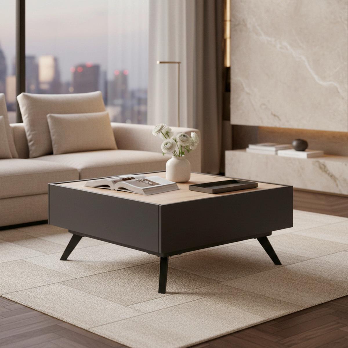 Couchtisch Fosco Grau/Eichefarben MDF - Eichefarben/Schwarz, MODERN, Metall (80/80/38cm) - Bessagi Home