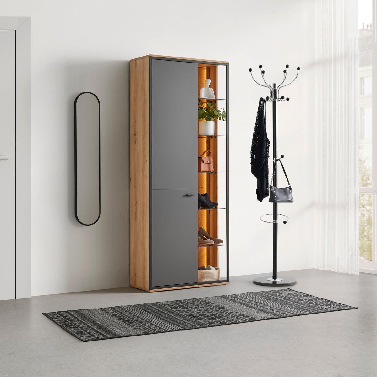 Garderobenschrank Florenz Grau/Eiche Artisan - Schwarz/Eiche Artisan, Modern, Glas/Holzwerkstoff (79/196,2/37,3cm) - Premium Living