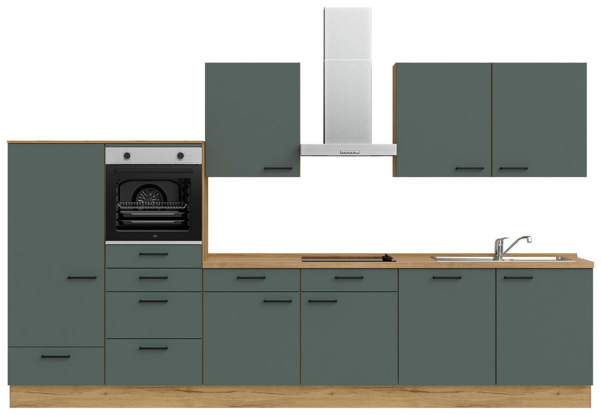 Küchenblock Easytouch Low m. Geräten Dunkelgrün - Dunkelgrün/Eichefarben, MODERN, Holzwerkstoff/Metall (360cm) - Nobilia