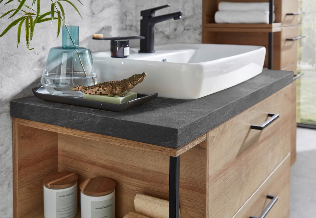 Badezimmer in Eiche/Schiefer - Schieferfarben/Weiss, Modern, Keramik/Holzwerkstoff (90cm) - Pelipal