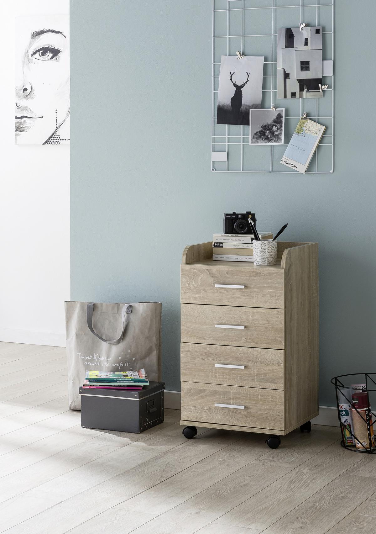 Predalnik Na Kolescih Rollcontainer - srebrne barve/barve hrasta, Konvencionalno, kovina/umetna masa (40/70,5/33cm) - MID.YOU