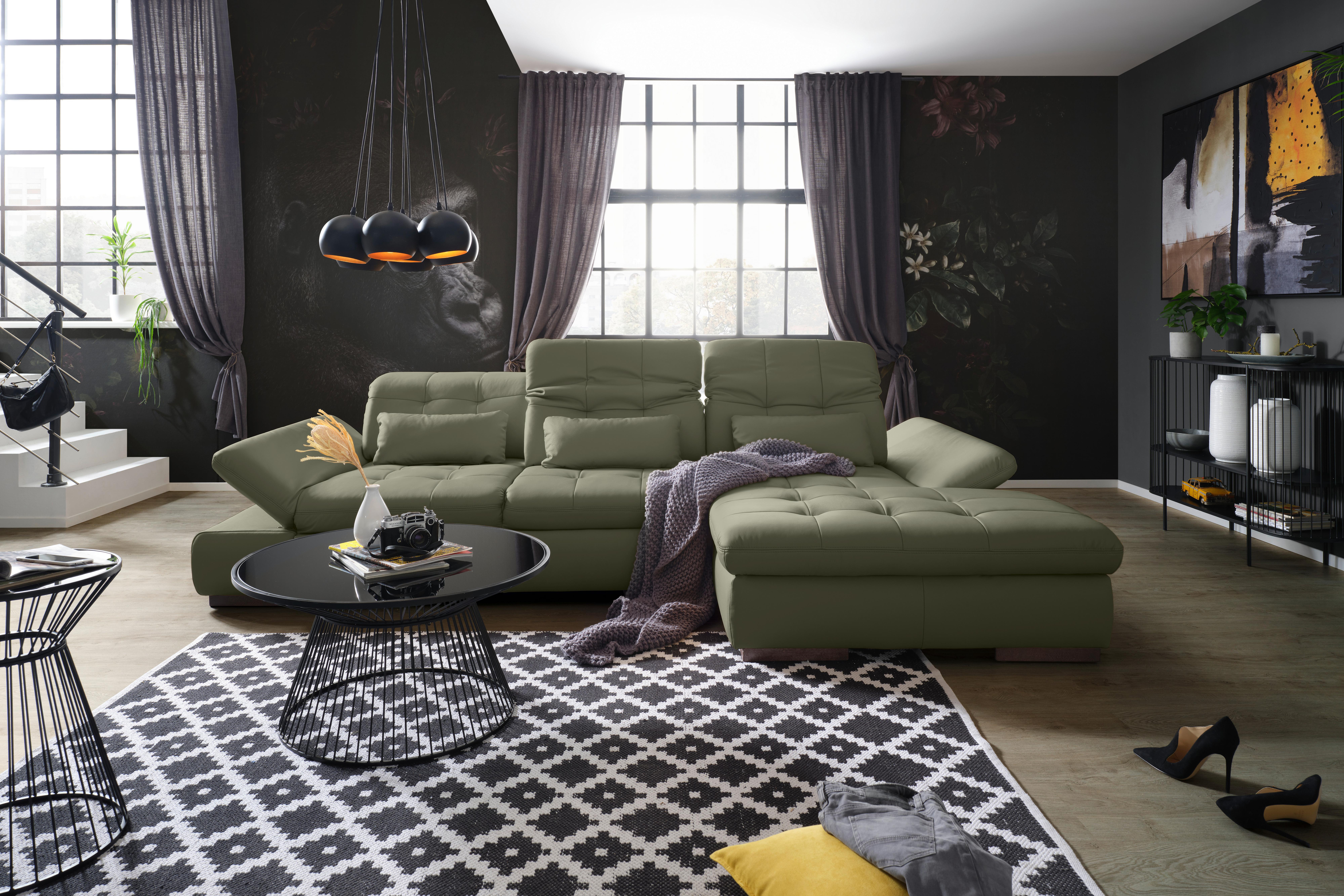 Wohnlandschaft Sanfino Leder Anthrazit - Chromfarben/Anthrazit, KONVENTIONELL, Leder/Metall (305/79-96/199cm) - Premium Living