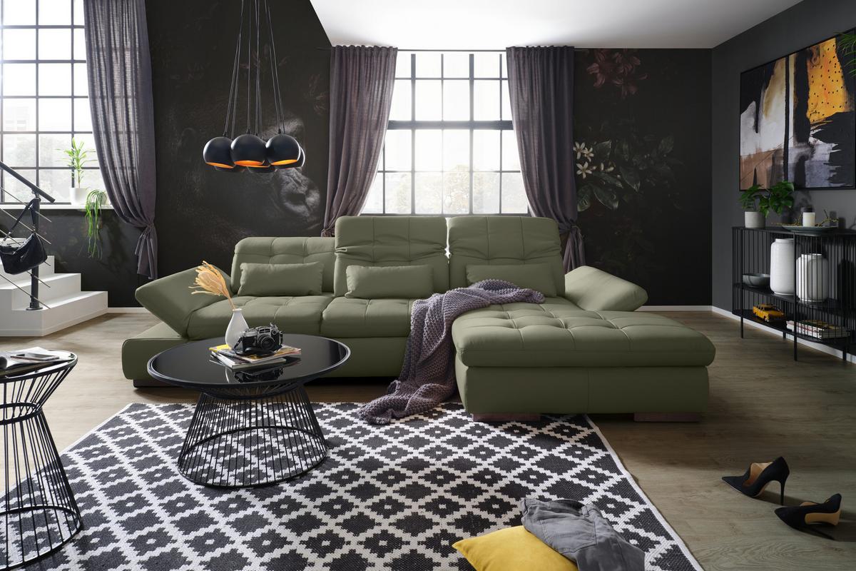 Wohnlandschaft Sanfino Leder Anthrazit - Chromfarben/Anthrazit, KONVENTIONELL, Leder/Metall (305/79-96/199cm) - Premium Living