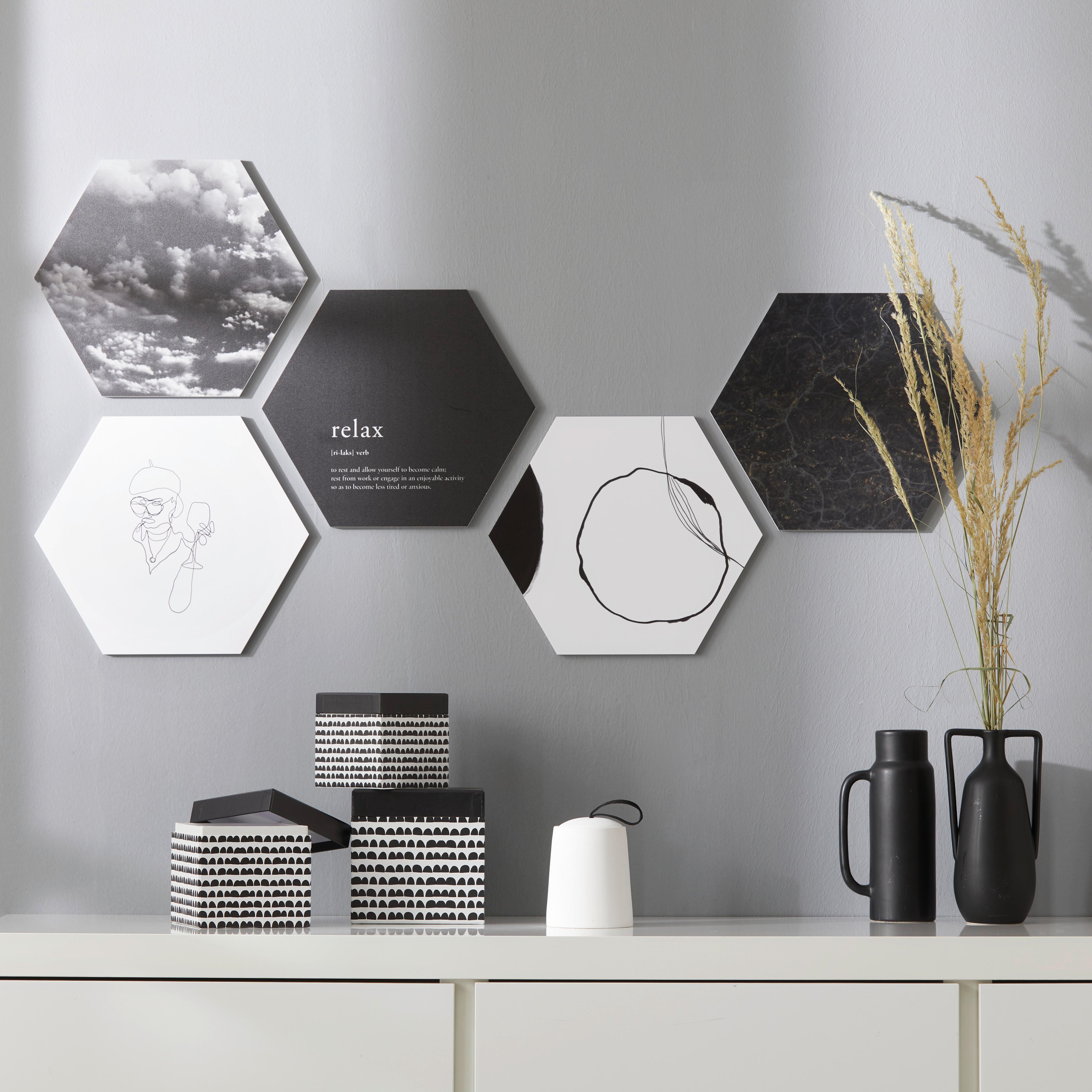 Bild Hexagon, 5er Set - Weiss/Schwarz, Kunststoff (30cm) - Modern Living