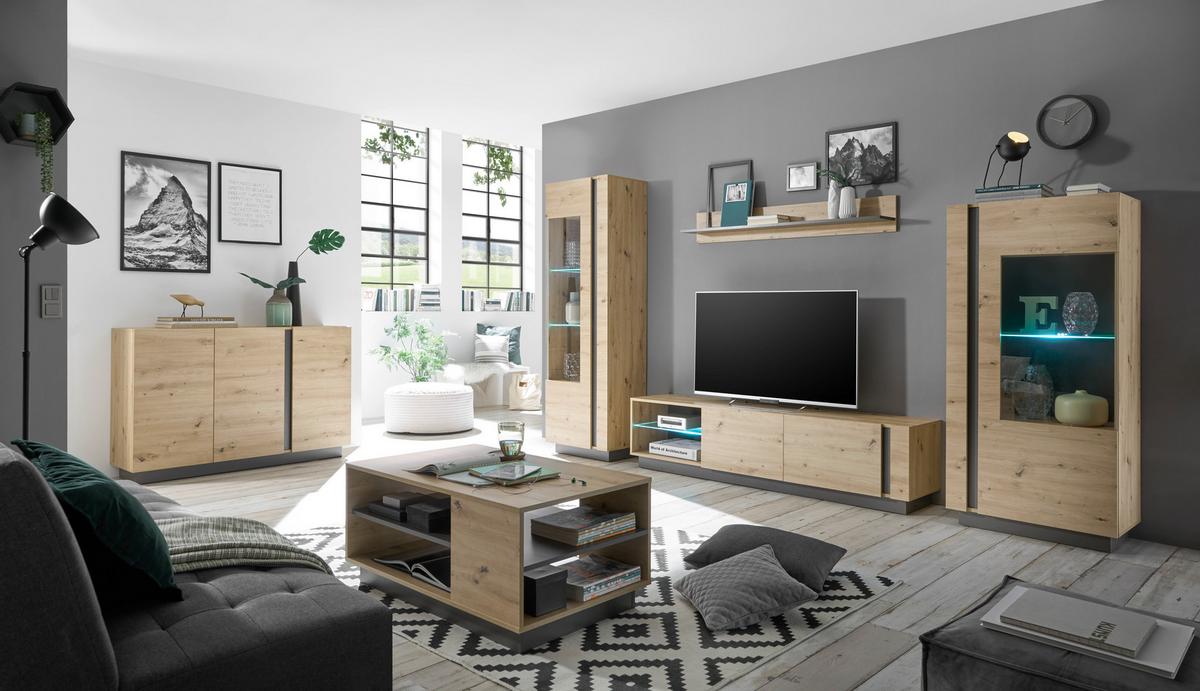 Wohnwand Clair Grau/Eiche Artisan - Eiche Artisan/Grau, Design, Glas/Holzwerkstoff (340/194/40cm) - MID.YOU