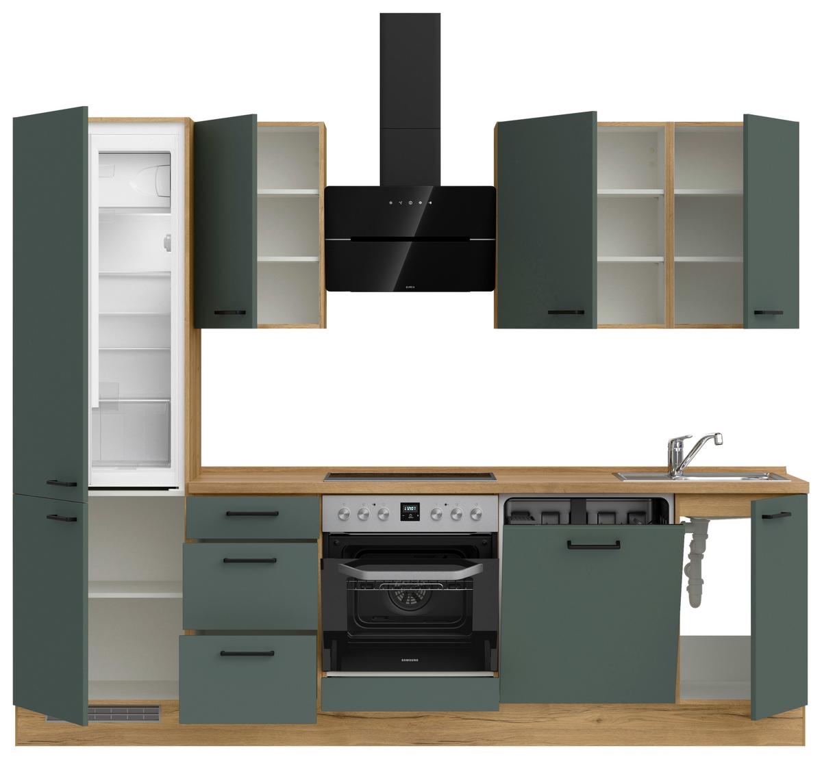Küchenblock Easytouch High m. Geräten Dunkelgrün - Dunkelgrün/Eichefarben, MODERN, Holzwerkstoff/Metall (270cm) - Nobilia