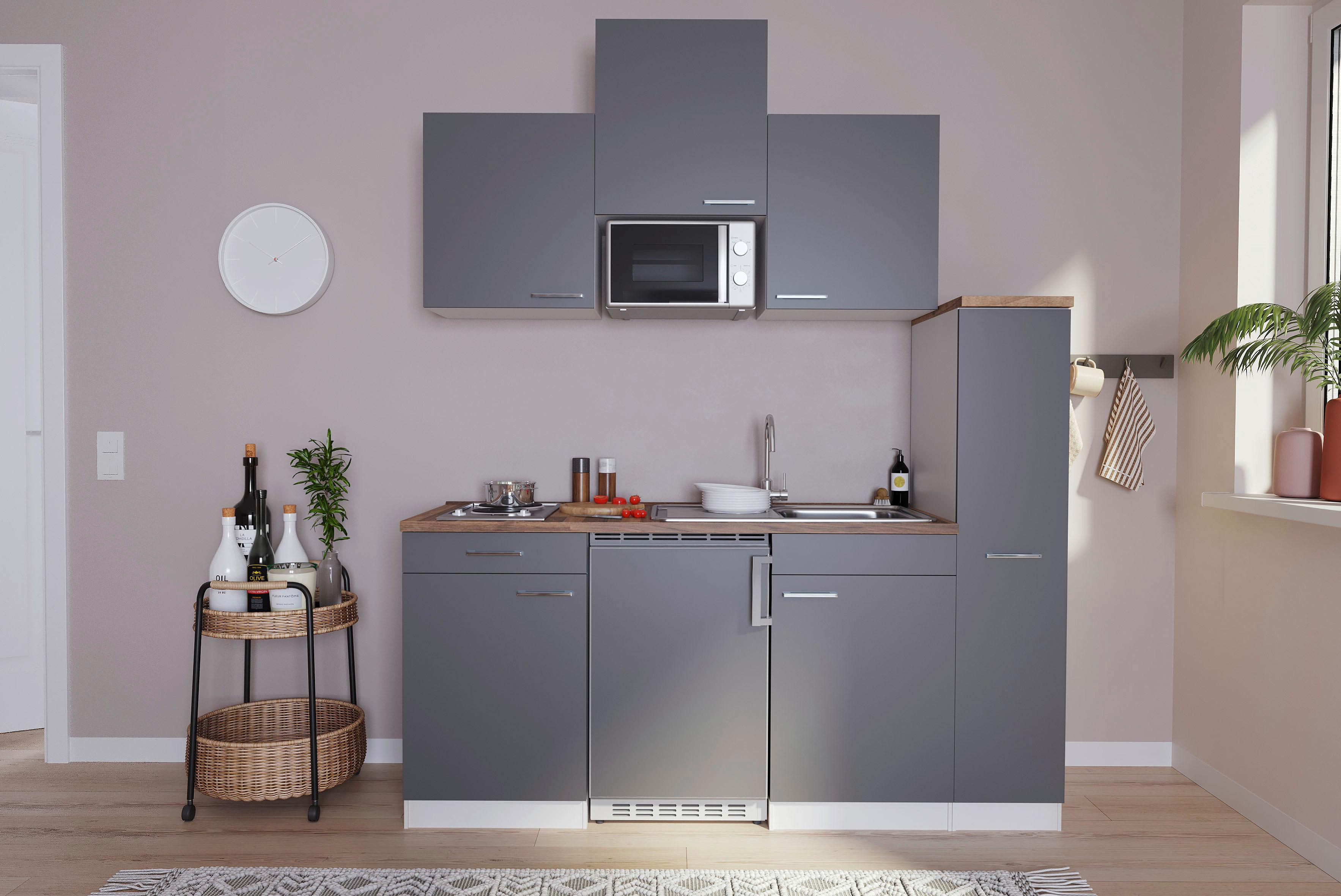 Küchenzeile Economy m. Geräte Grau B: ca. 180 cm - Nussbaumfarben/Alufarben, Basics, Holzwerkstoff/Kunststoff (180cm) - Respekta