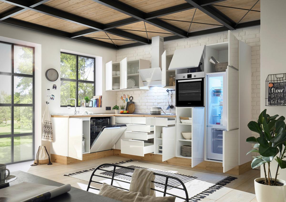 Eckküche Marleen mit Geräten Weiß Hochglanz ca. 340x170cm - Weiß Hochglanz/Alufarben, LIFESTYLE, Holzwerkstoff/Kunststoff (170/340cm) - Respekta