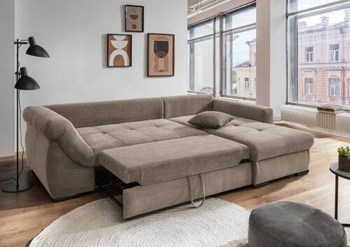 Wohnlandschaft Frederico Graubraun Cord - Graubraun/Schwarz, MODERN, Holz/Textil (302/188cm) - MID.YOU