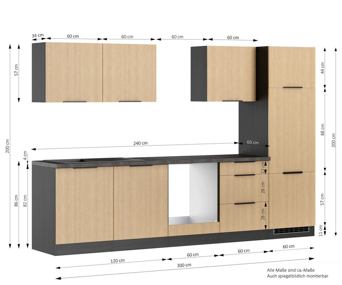 Küchenleerblock Glasgow o. Geräte Eichefarben/Graphit - Eichefarben/Graphitfarben, LIFESTYLE, Holzwerkstoff/Metall (300cm) - Held