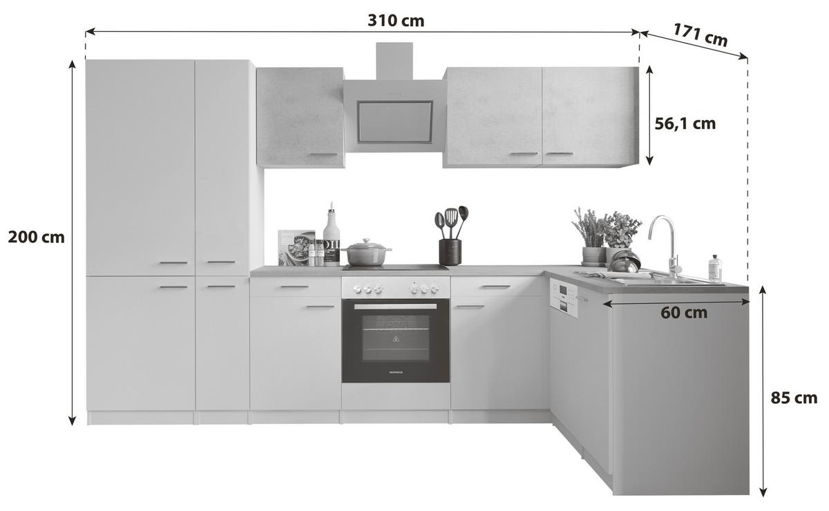 Kotna Kuhinja Z Aparati Malia, Bela, Siva - barve nerjavečega jekla/siva, Basics, kovina/leseni material (310/171cm) - Respekta