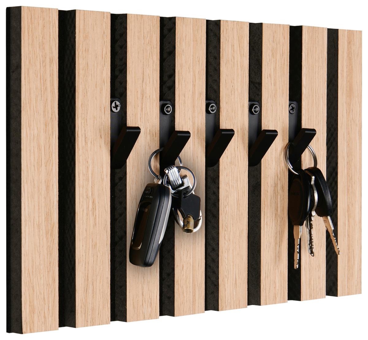 Schlüsselboard Grace Schwarz/Eiche inkl. 5 Haken - Schwarz, MODERN, Holzwerkstoff/Textil (31/20/2cm) - Mömax