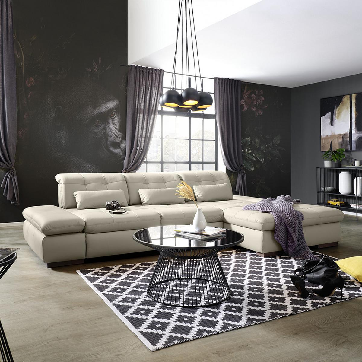 Wohnlandschaft Sanfino Leder Hellgrau - Chromfarben/Hellgrau, KONVENTIONELL, Leder/Metall (305/79-96/199cm) - Premium Living