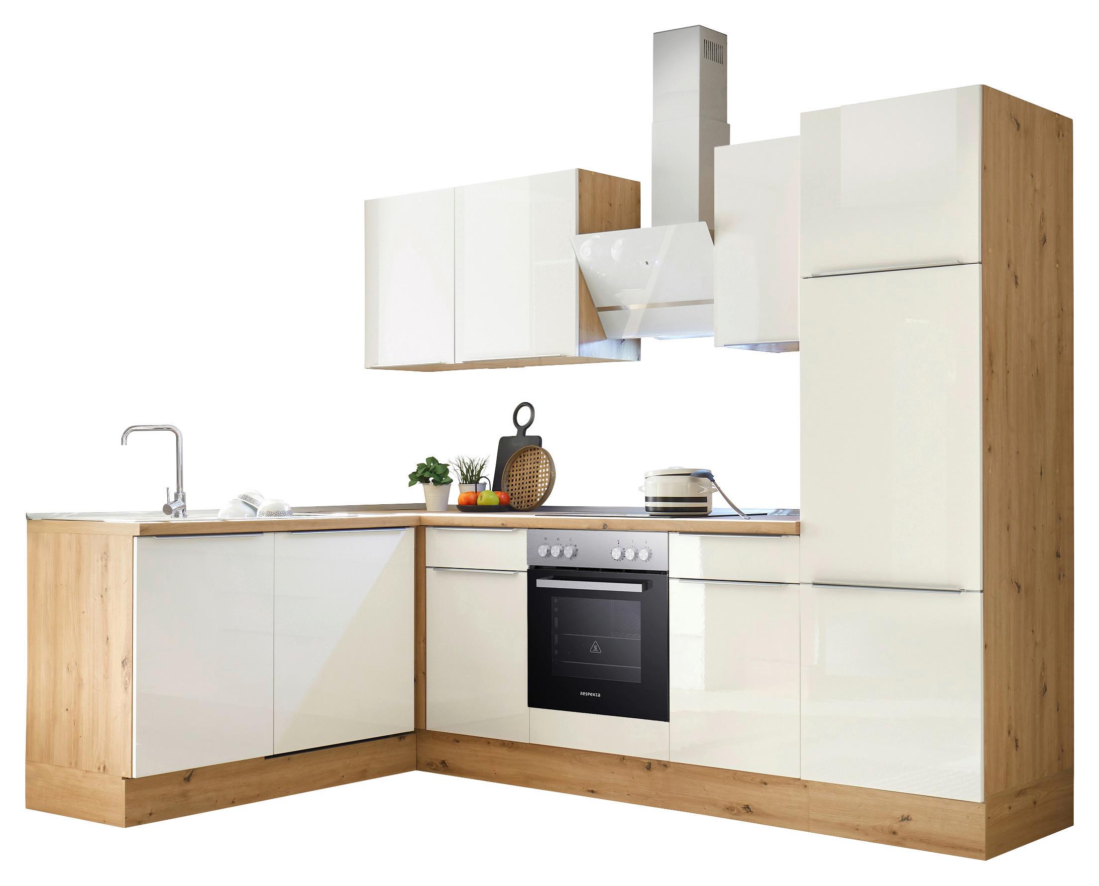 Eckküche Marleen mit Geräten Weiß/Eiche ca. 280x170cm - Weiß Hochglanz/Alufarben, LIFESTYLE, Holzwerkstoff/Kunststoff (280/170cm) - Respekta
