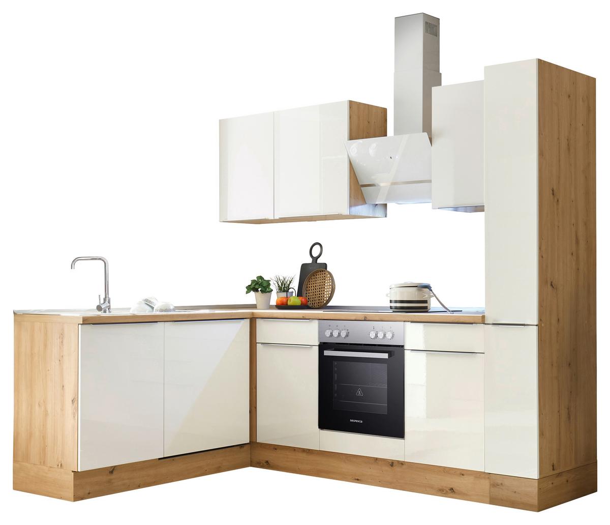 Eckküche Marleen m. Geräten Weiß Hochgl/Eiche ca.250x170cm - Weiß Hochglanz/Alufarben, LIFESTYLE, Holzwerkstoff/Kunststoff (250/170cm) - Respekta