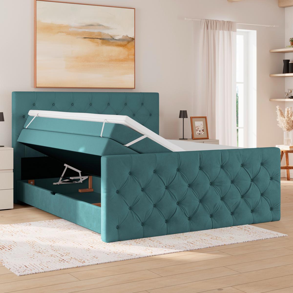 Boxspring Krevet Elio - bež/boje petroleja, Romantično / ladanjski, tekstil/plastika (180/200cm) - Modern Living