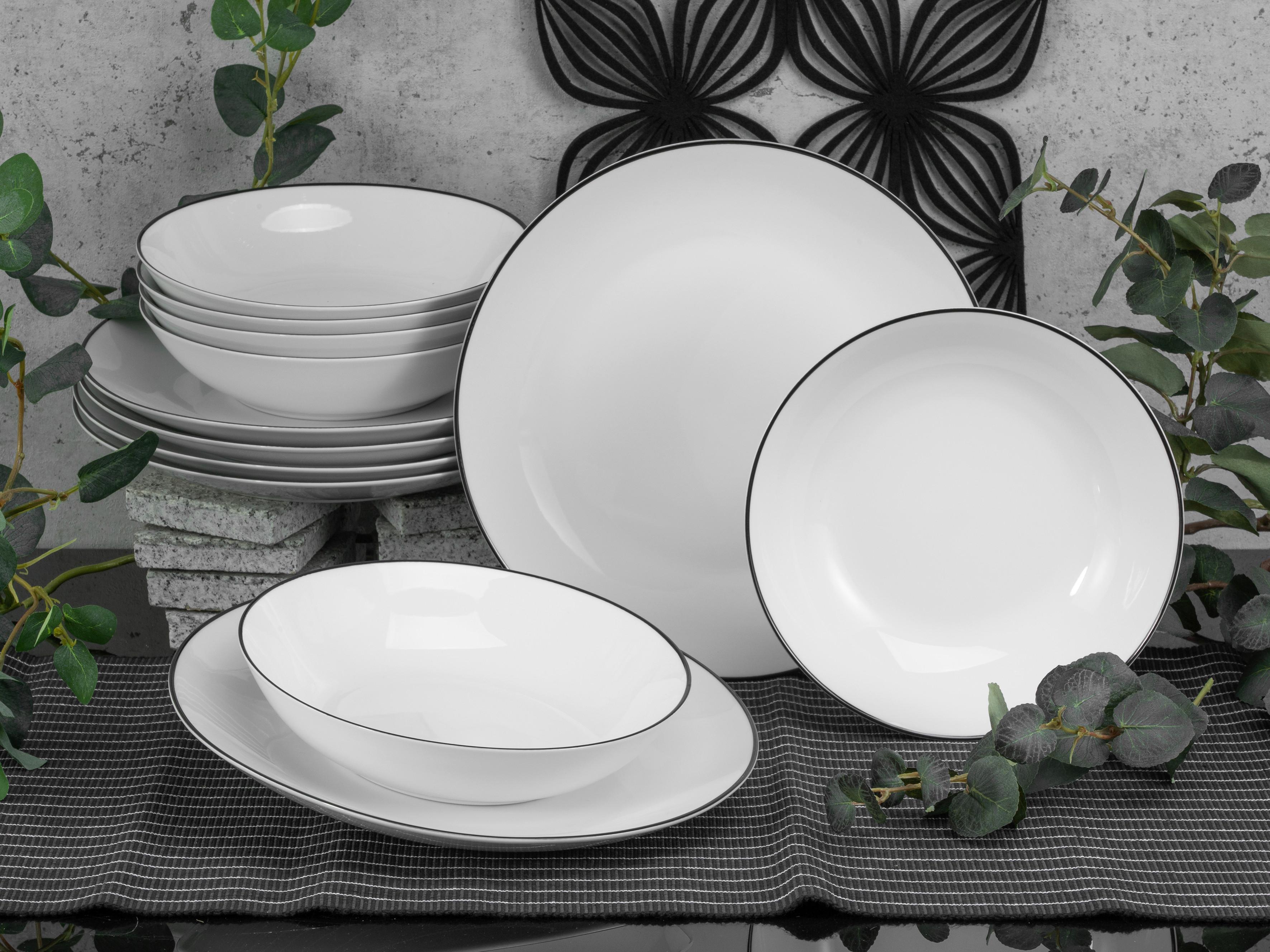 Tafelservice Schwarz/Weiß, 12-teilig - Schwarz/Weiß, Basics, Keramik (30,5/26/31cm) - Creatable