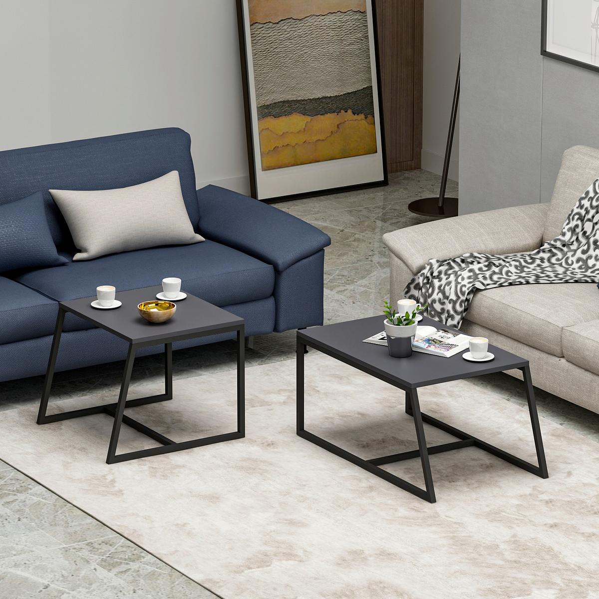 Couchtischset Minimal Couchtisch - Anthrazit/Schwarz, Design, Holzwerkstoff/Metall (75-55/38-45/50-47cm) - Livetastic