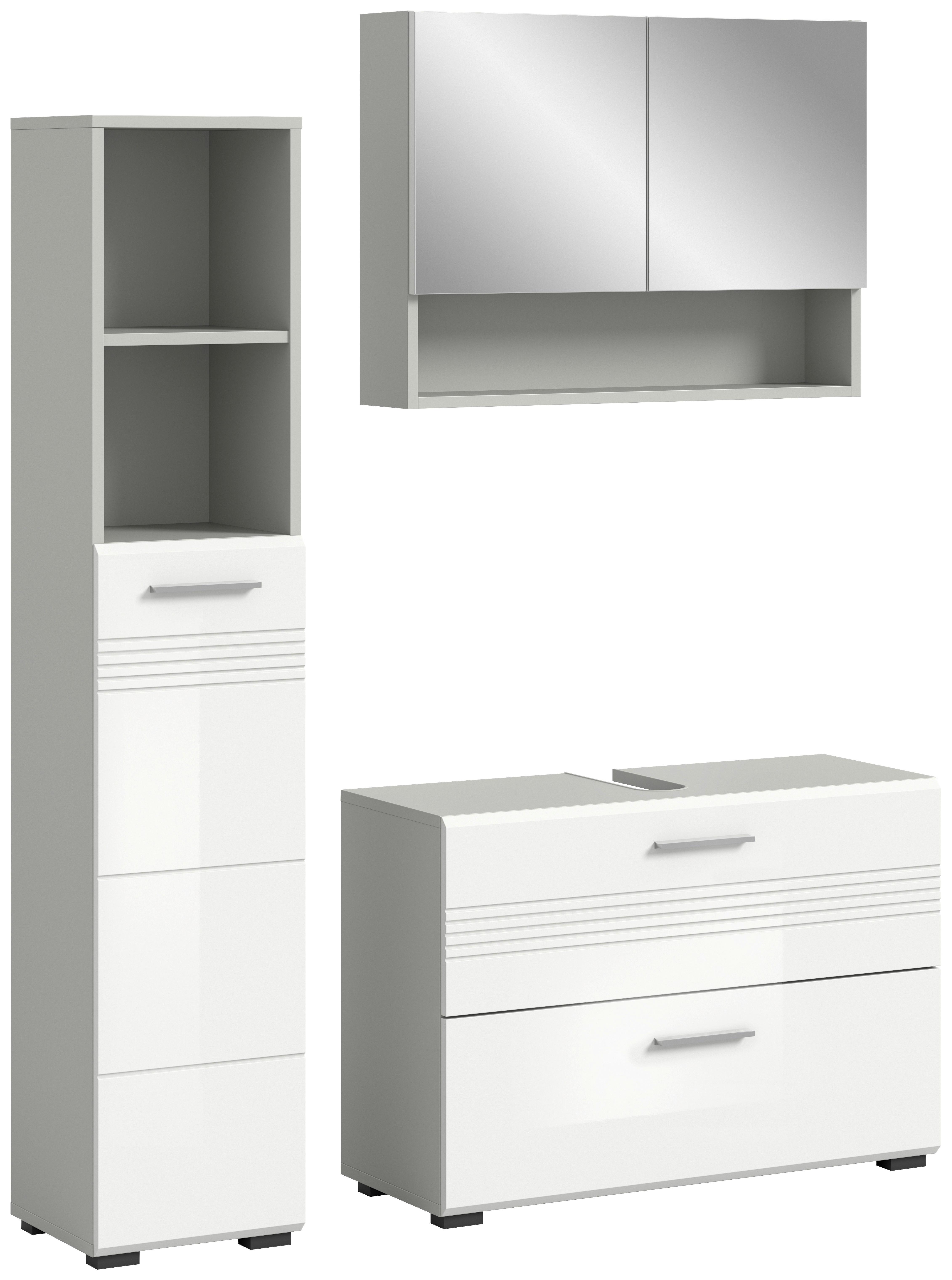 Badezimmer-Set COPA 3-teilig, Grau/Weiß Hochglanz - Chromfarben/Weiß Hochglanz, MODERN, Holzwerkstoff/Kunststoff (110cm) - MID.YOU