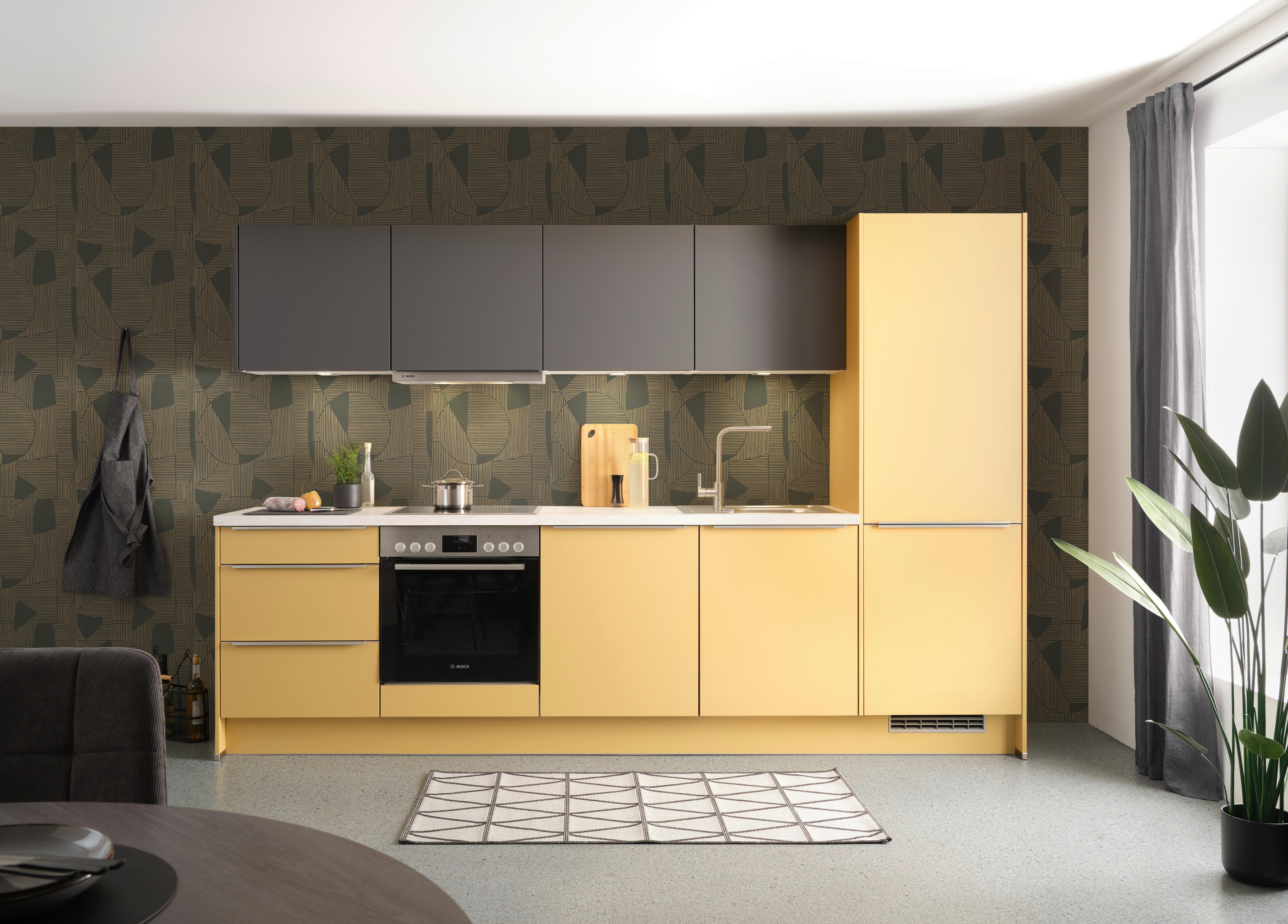 Küchenblock inkl. 4 E-Geräte PN105/210 in Caramel - Edelstahlfarben/Graphitfarben, MODERN, Holzwerkstoff (305cm) - Pino