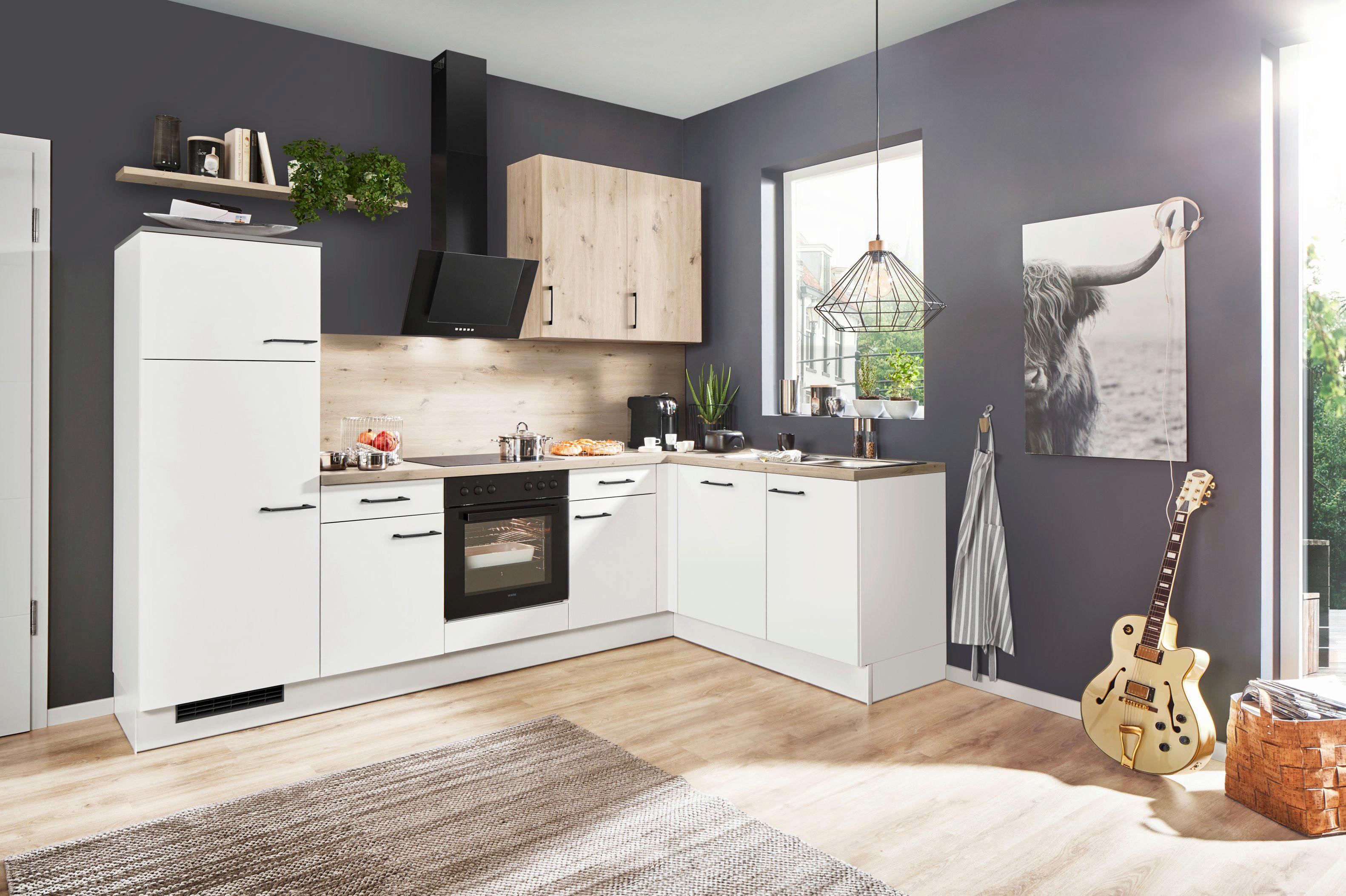 Eckküche inkl. 4 E-Geräte IP 1200 in Weiß -Eiche NB - Edelstahlfarben/Eichefarben, MODERN, Holzwerkstoff/Metall (285/175cm) - Impuls