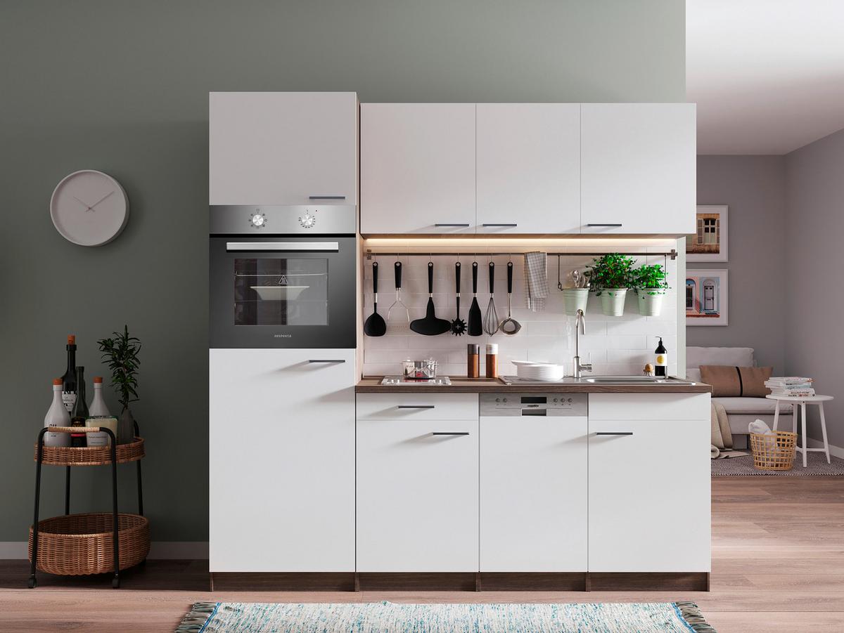 Küchenblock Oliver mit Geräten ca. 205 cm Weiß - Eichefarben/Alufarben, Basics, Holzwerkstoff/Kunststoff (205cm) - Respekta