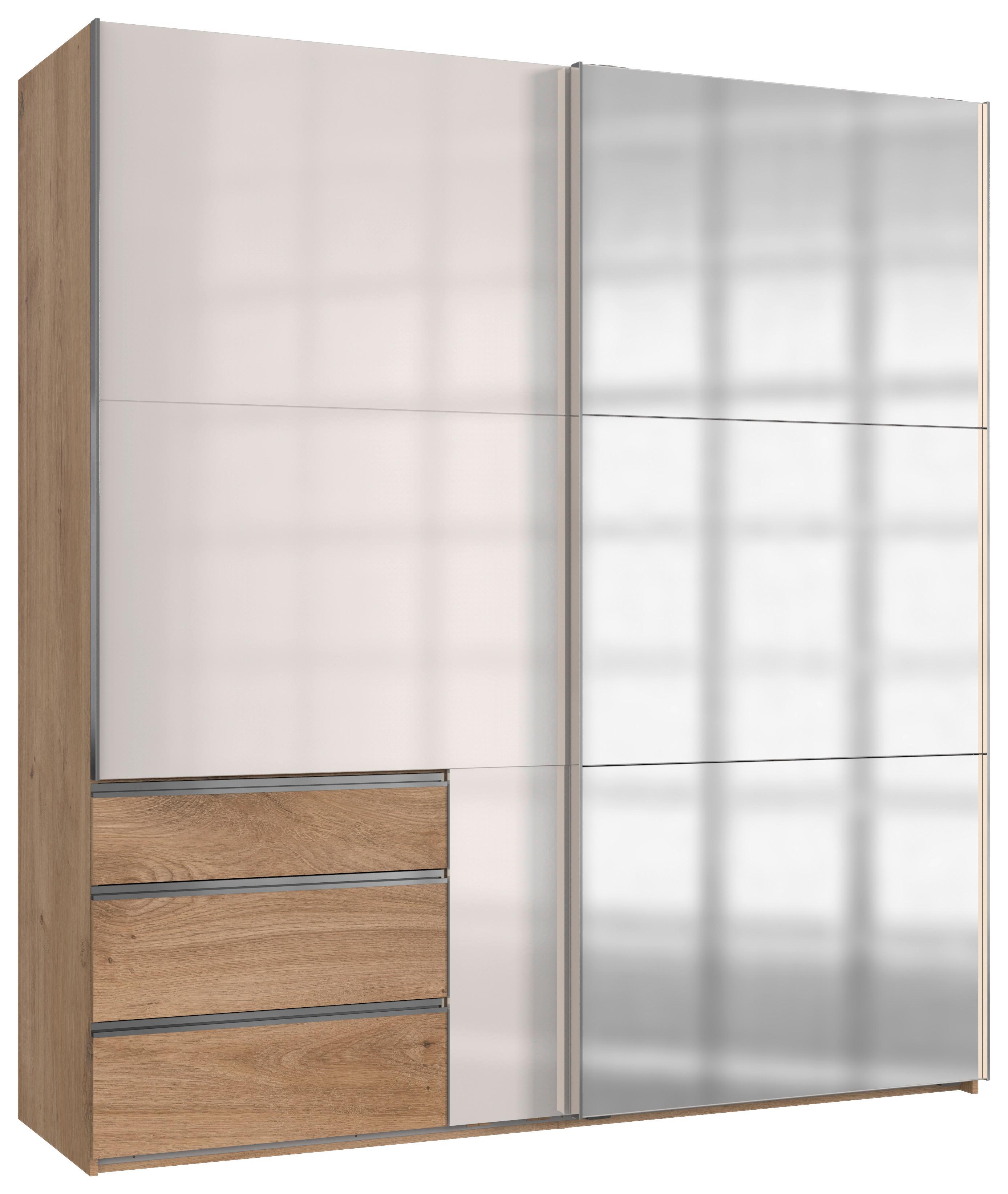 Schwebetürenschrank Level 36D ca. 200 cm Weiß/Eiche Dekor - Chromfarben/Weiß Hochglanz, MODERN, Holzwerkstoff/Metall (200/216/65cm) - MID.YOU